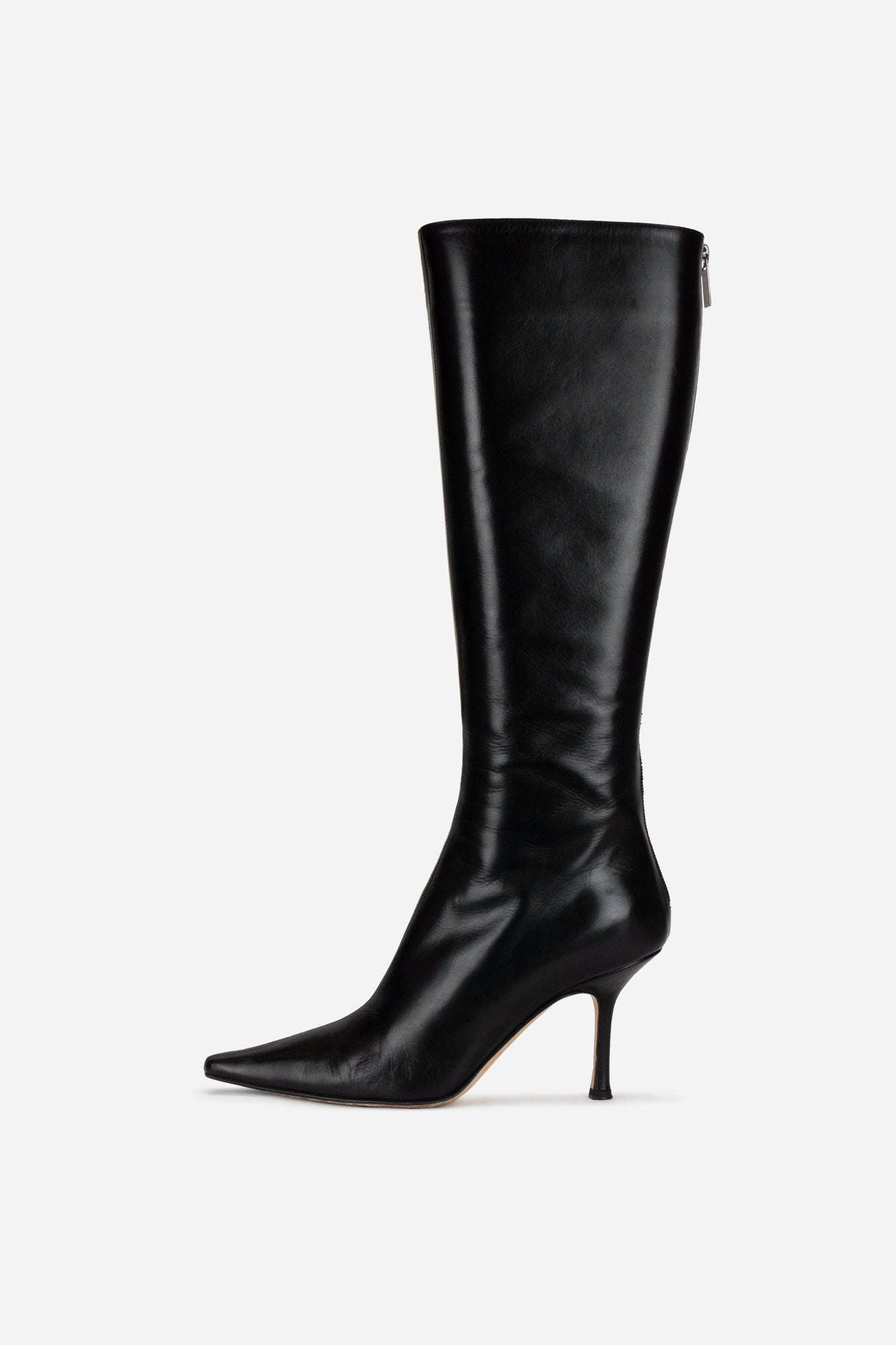 Black leather pointed toe knee high boots