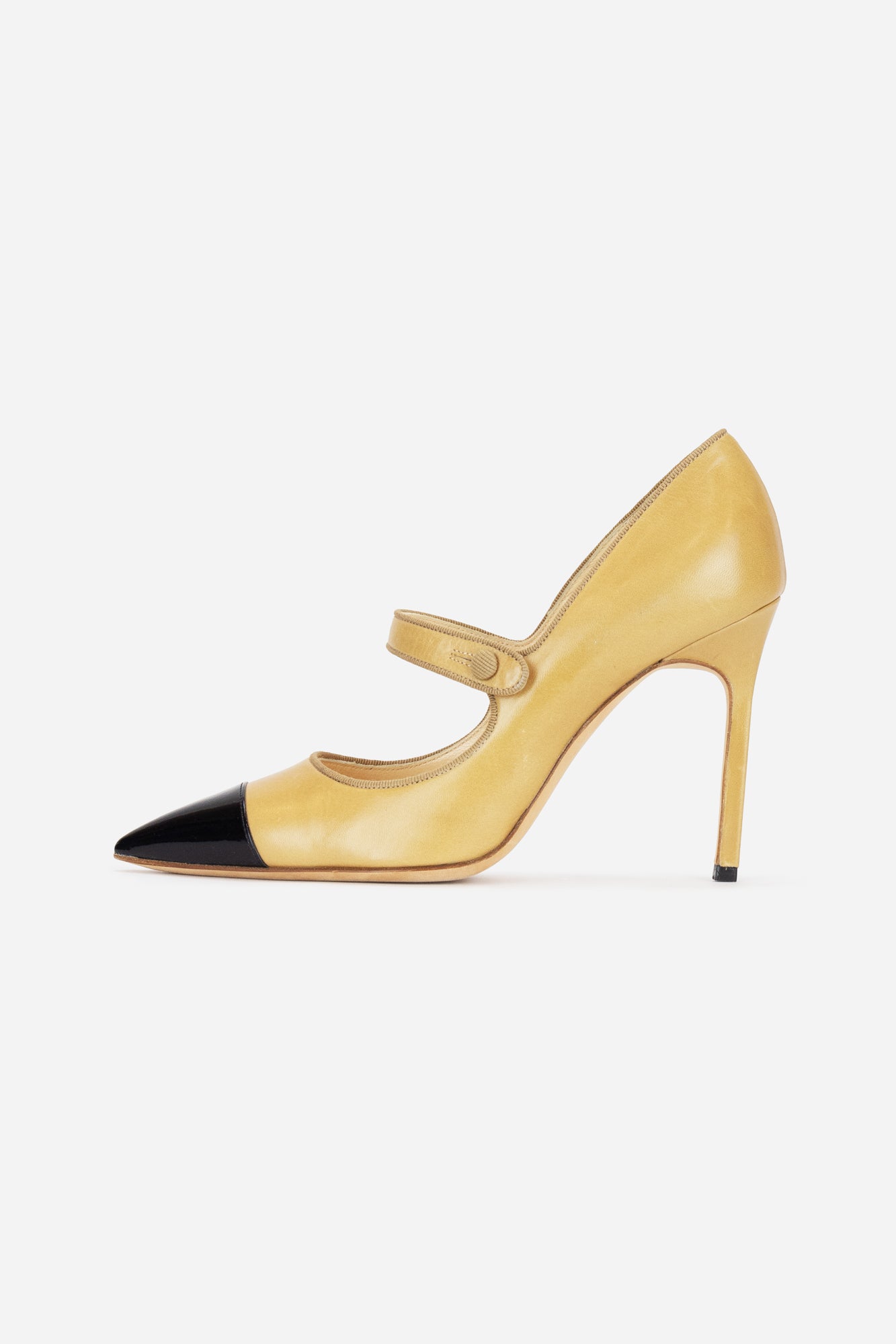 Beige Leather Caparinew Pumps with Black Patent Leather Cap-Toe