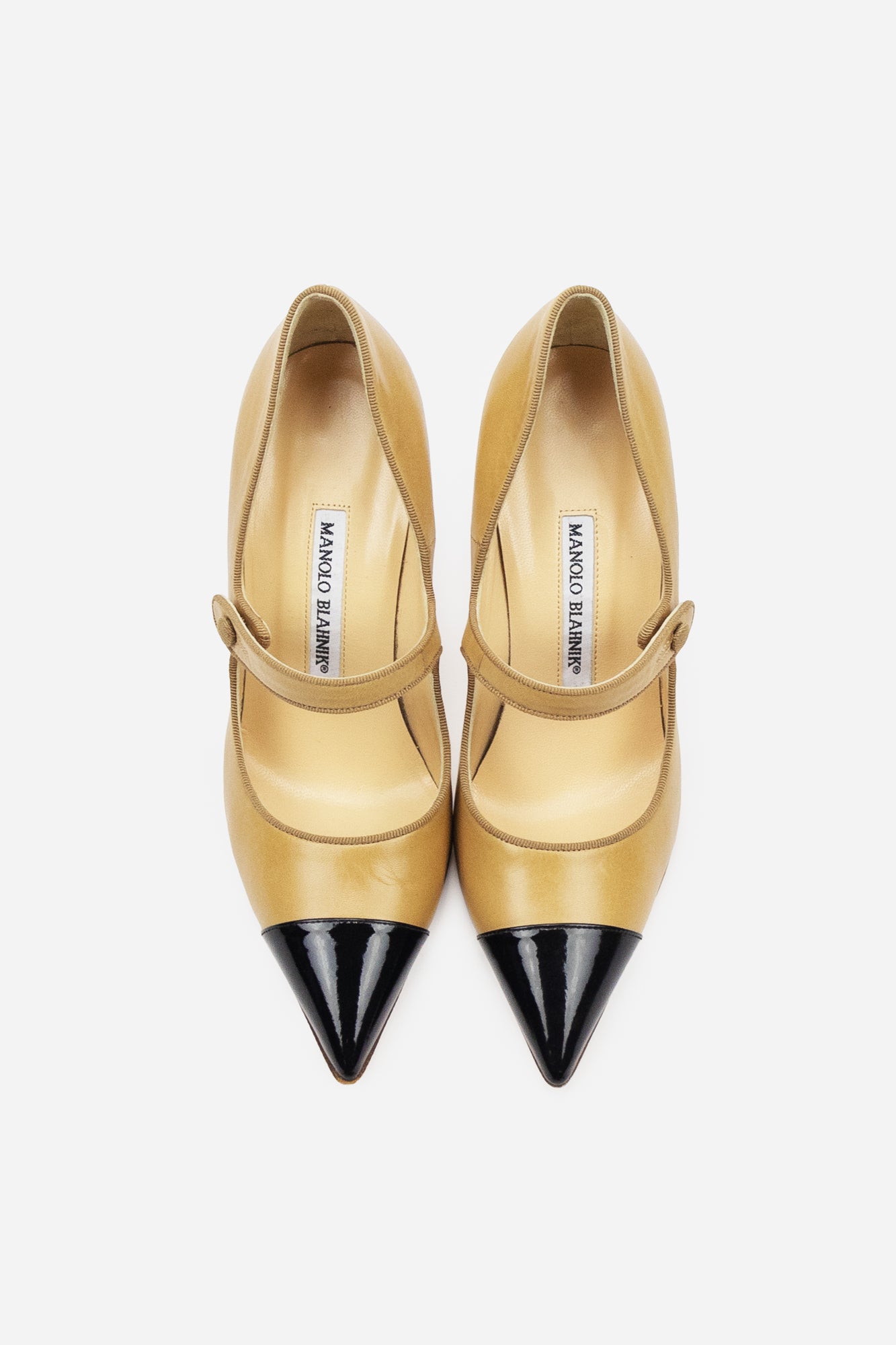 Beige Leather Caparinew Pumps with Black Patent Leather Cap-Toe
