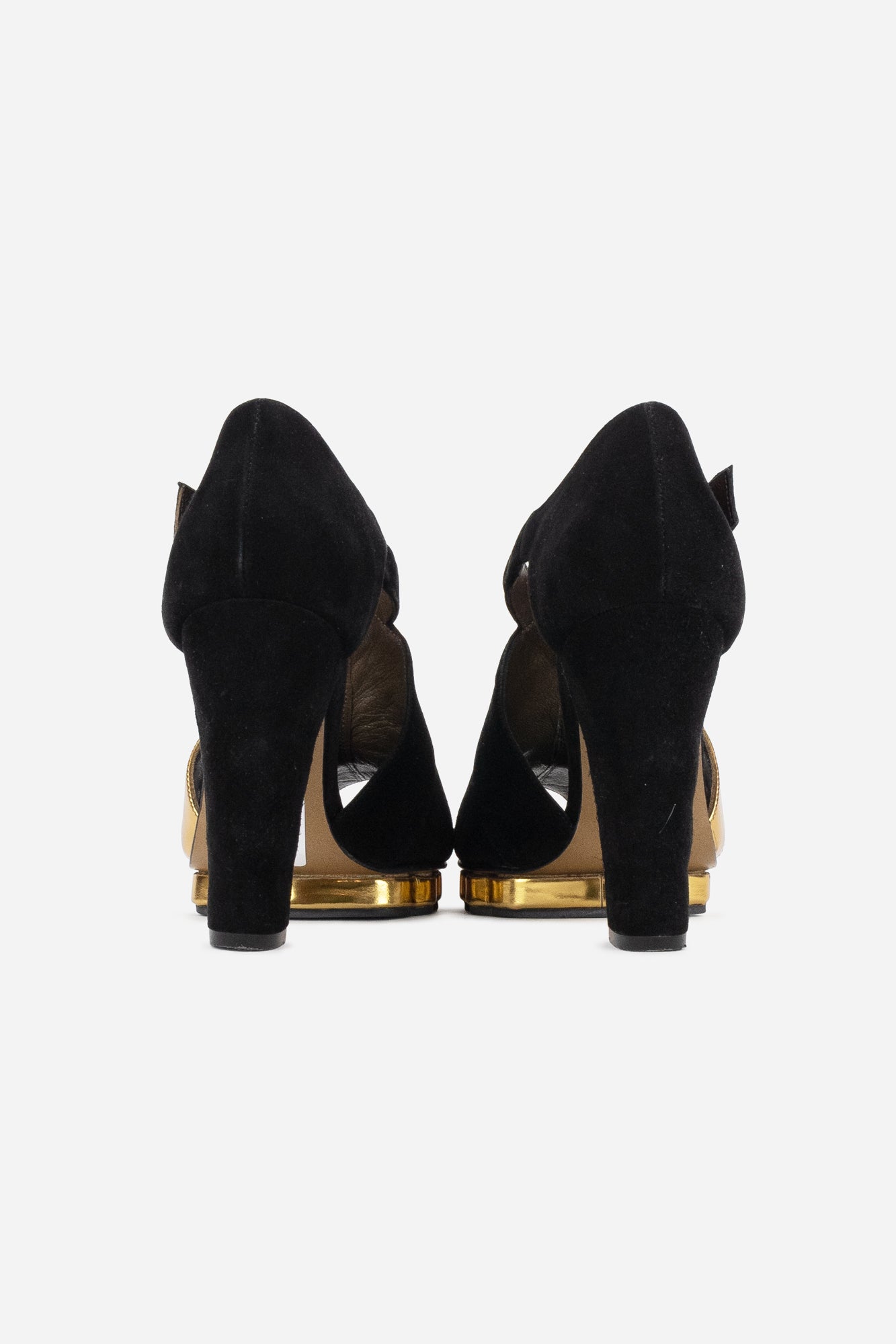 Black + Gold Suede and Leather Heels