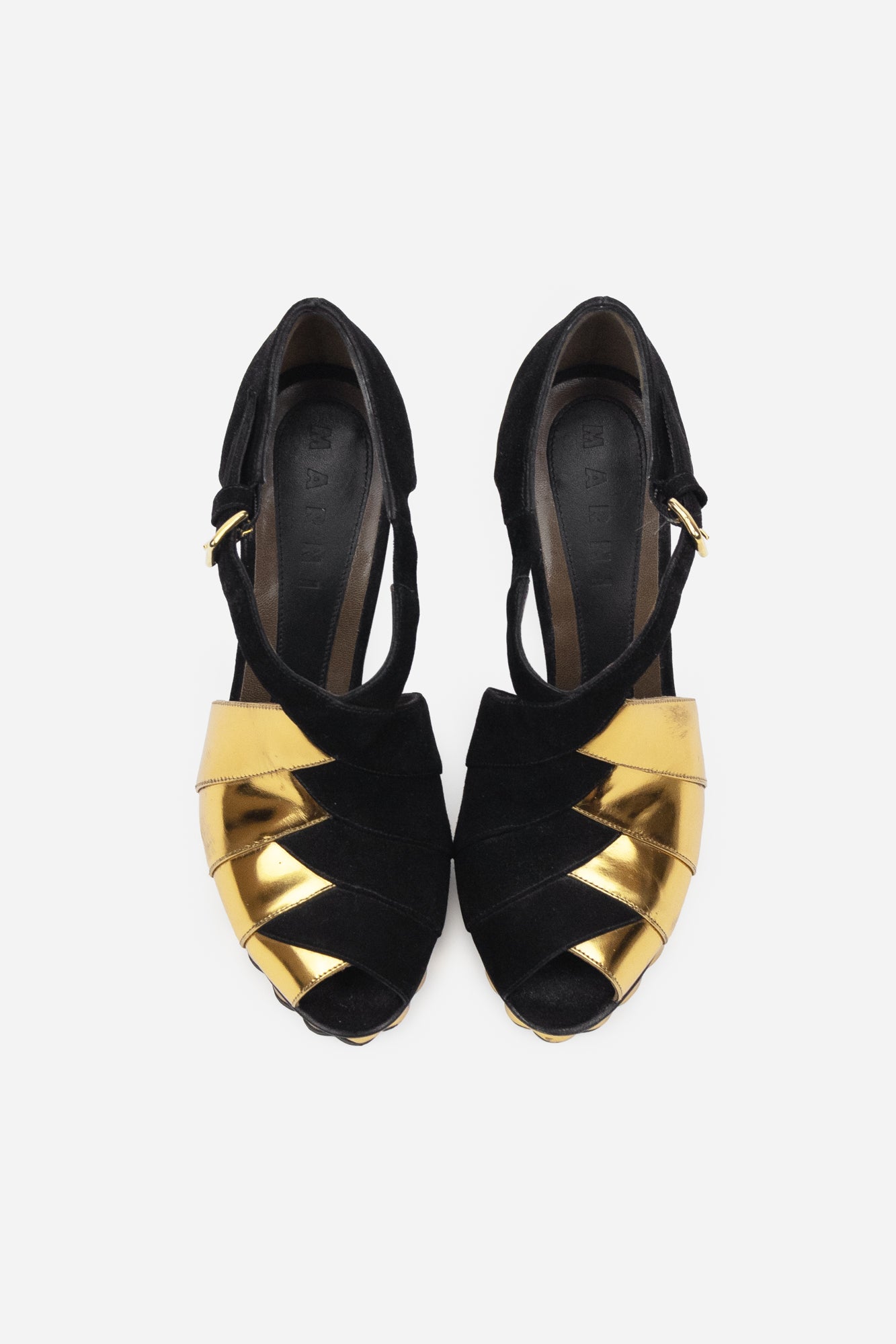 Black + Gold Suede and Leather Heels