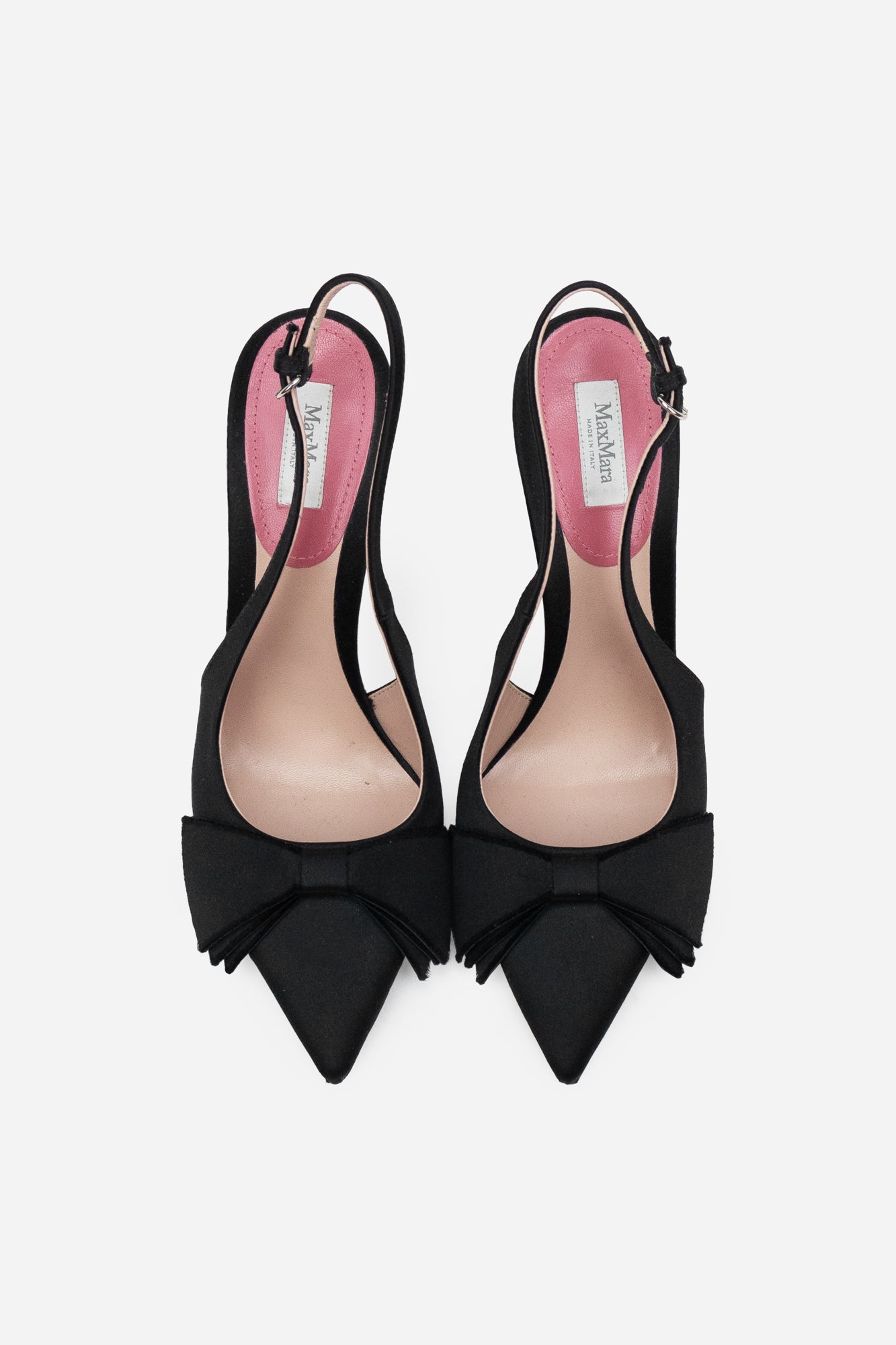 Black Satin Slingback Pointed Toe Pumps with Bow Detail
