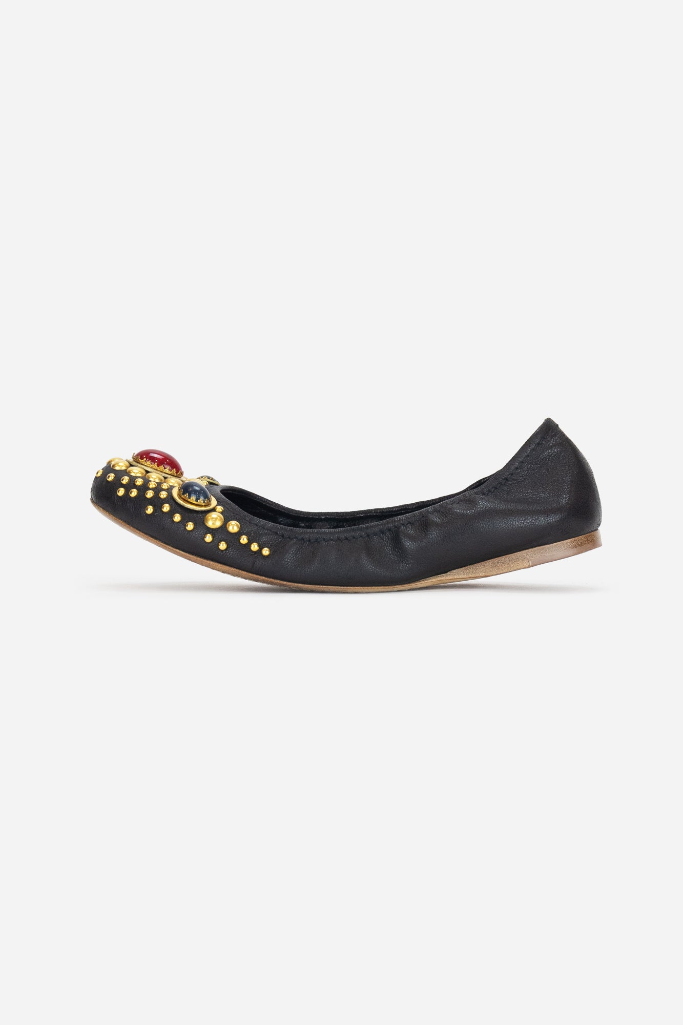 Black Leather Ballet Flats with Embellishments