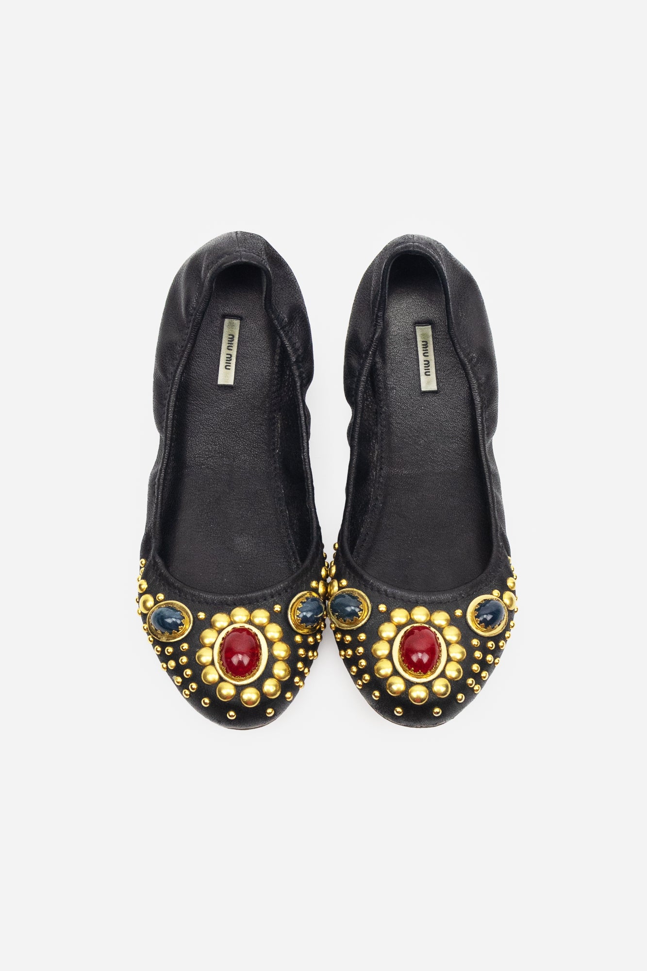 Black Leather Ballet Flats with Embellishments