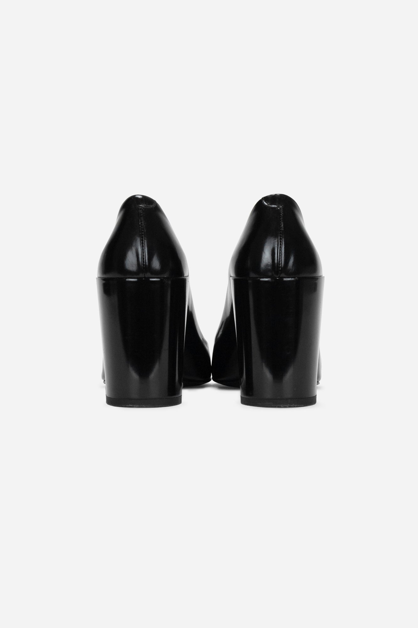 Black Leather Pointed Toe Block Heel Pumps
