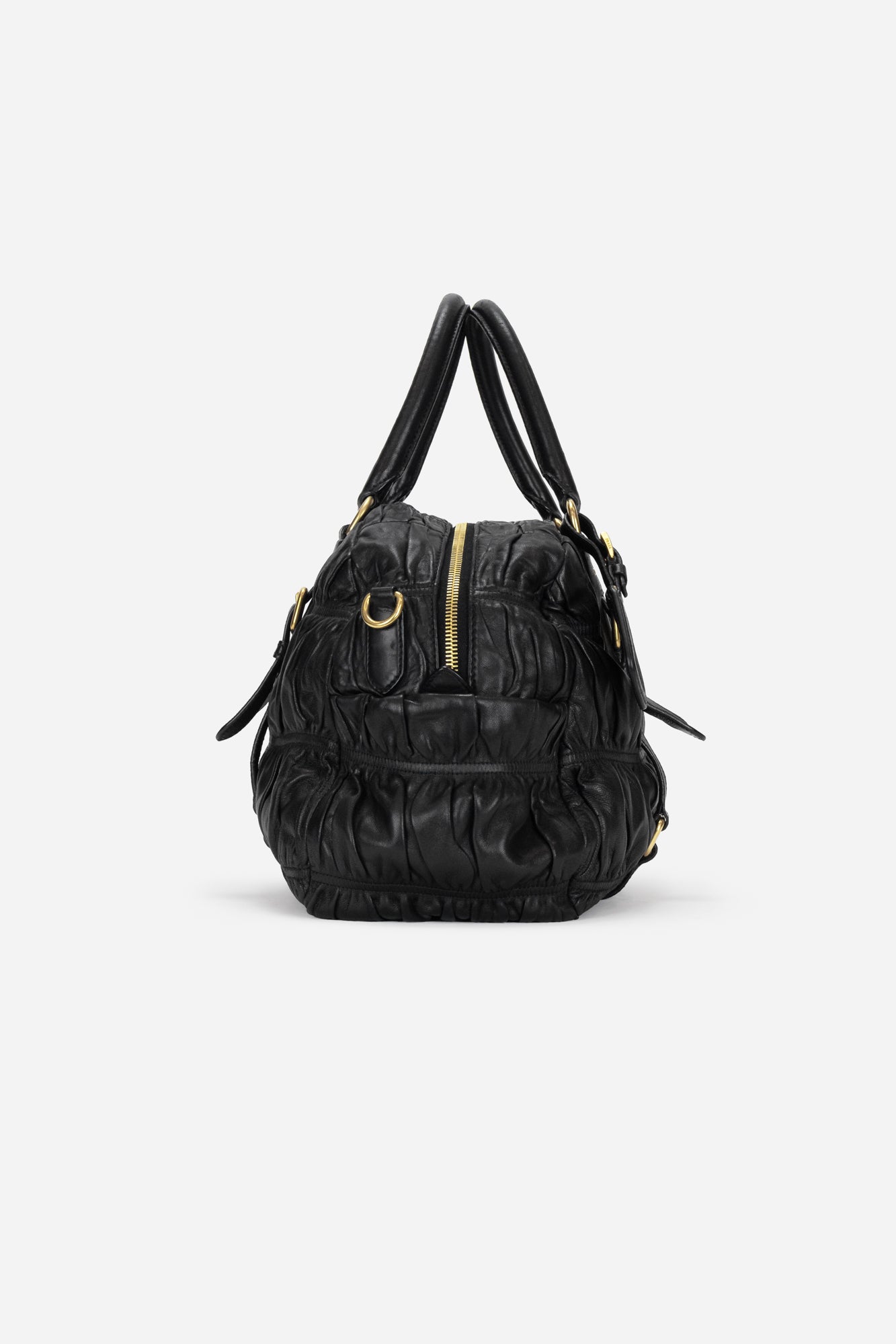 Black Leather Gaufre Top Handle Bag