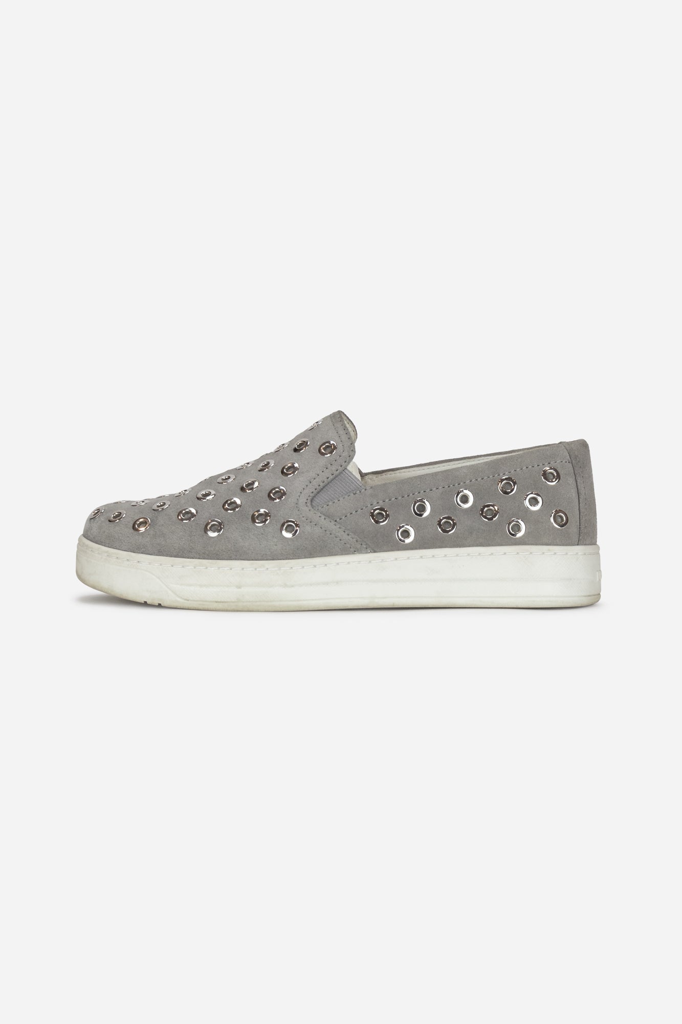 Grey Suede Grommet Slip On Sneakers