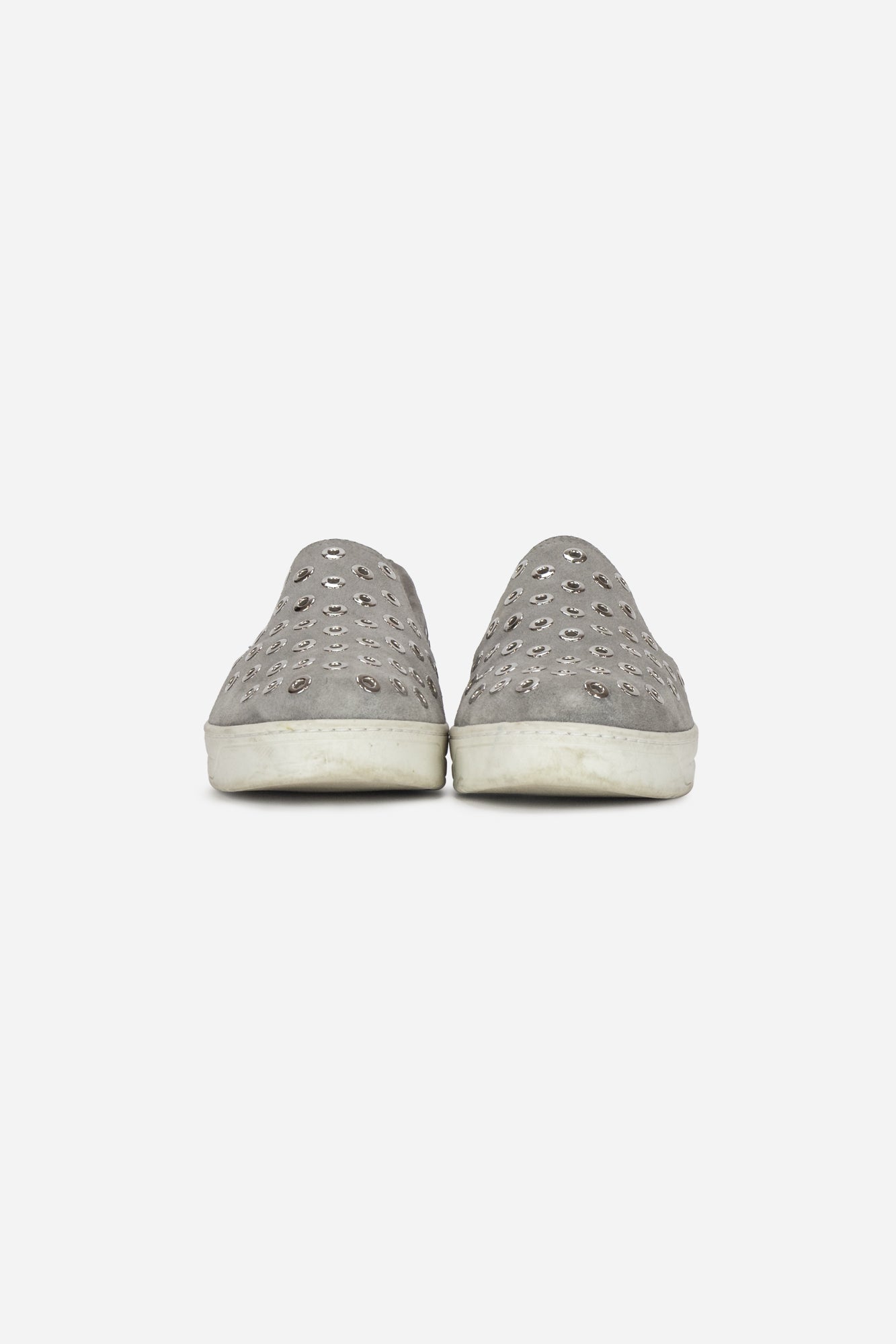 Grey Suede Grommet Slip On Sneakers