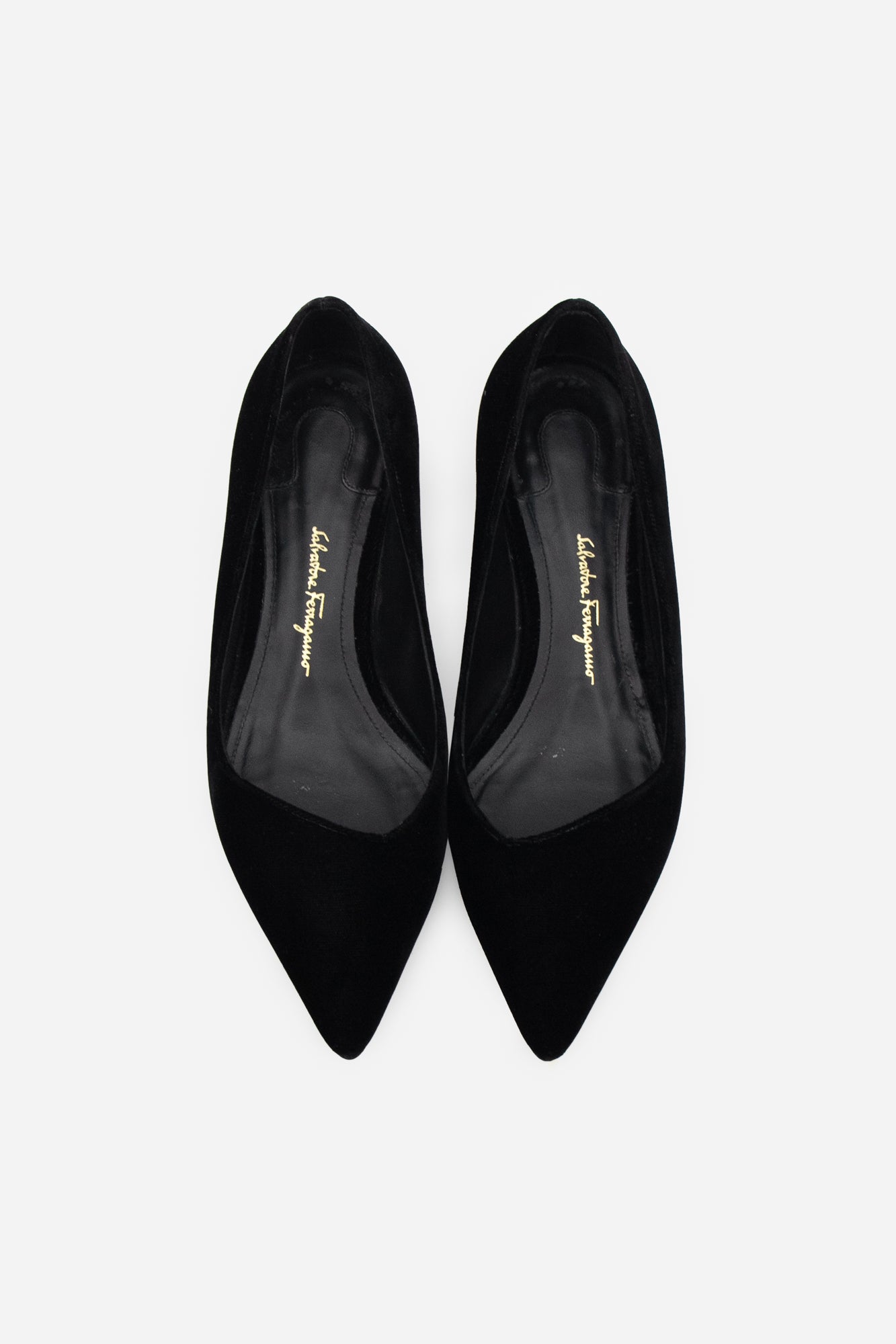 Black Velvet pointed toe flat with flower heel detail black suede, gold heel