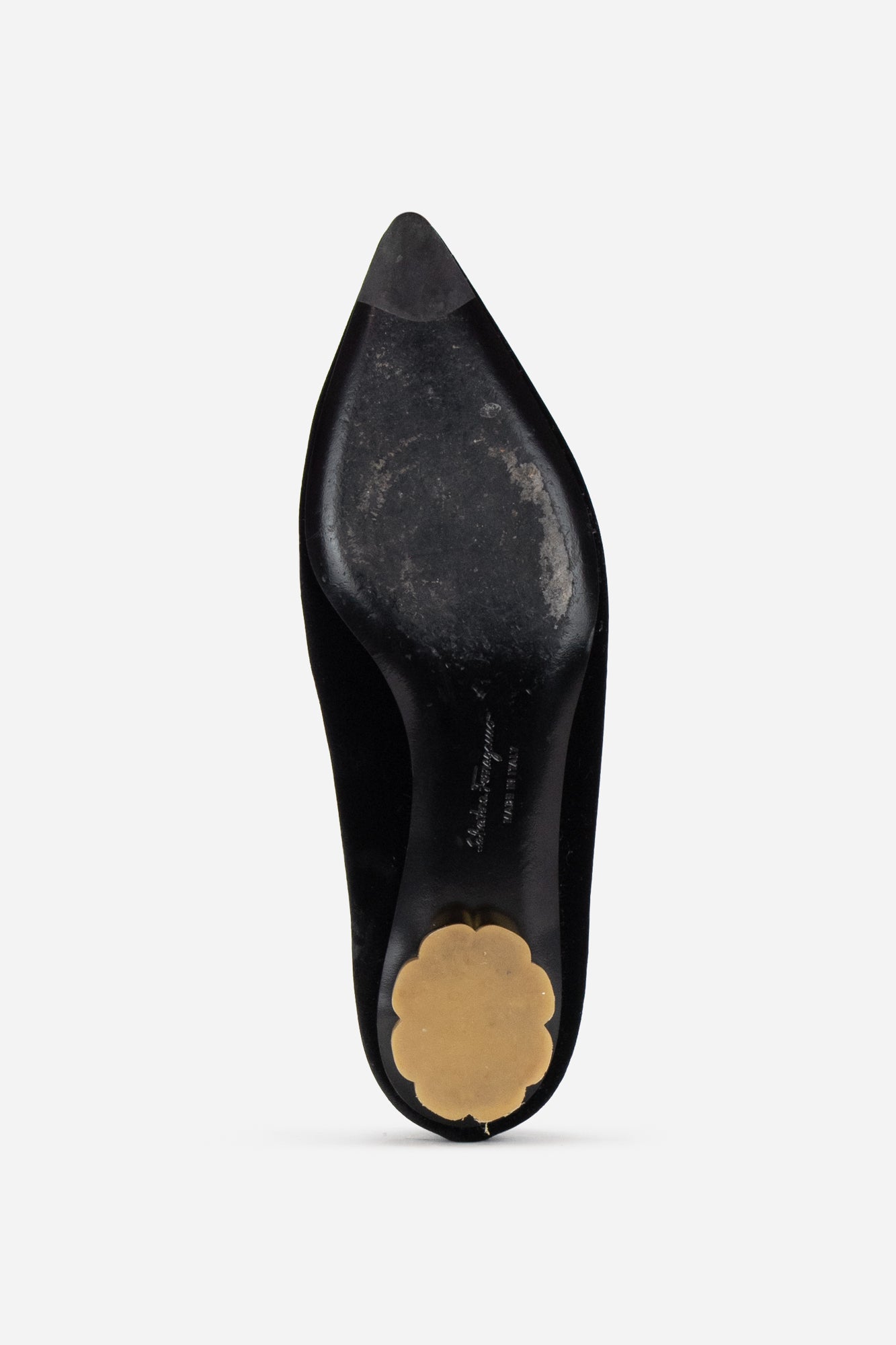 Black Velvet pointed toe flat with flower heel detail black suede, gold heel