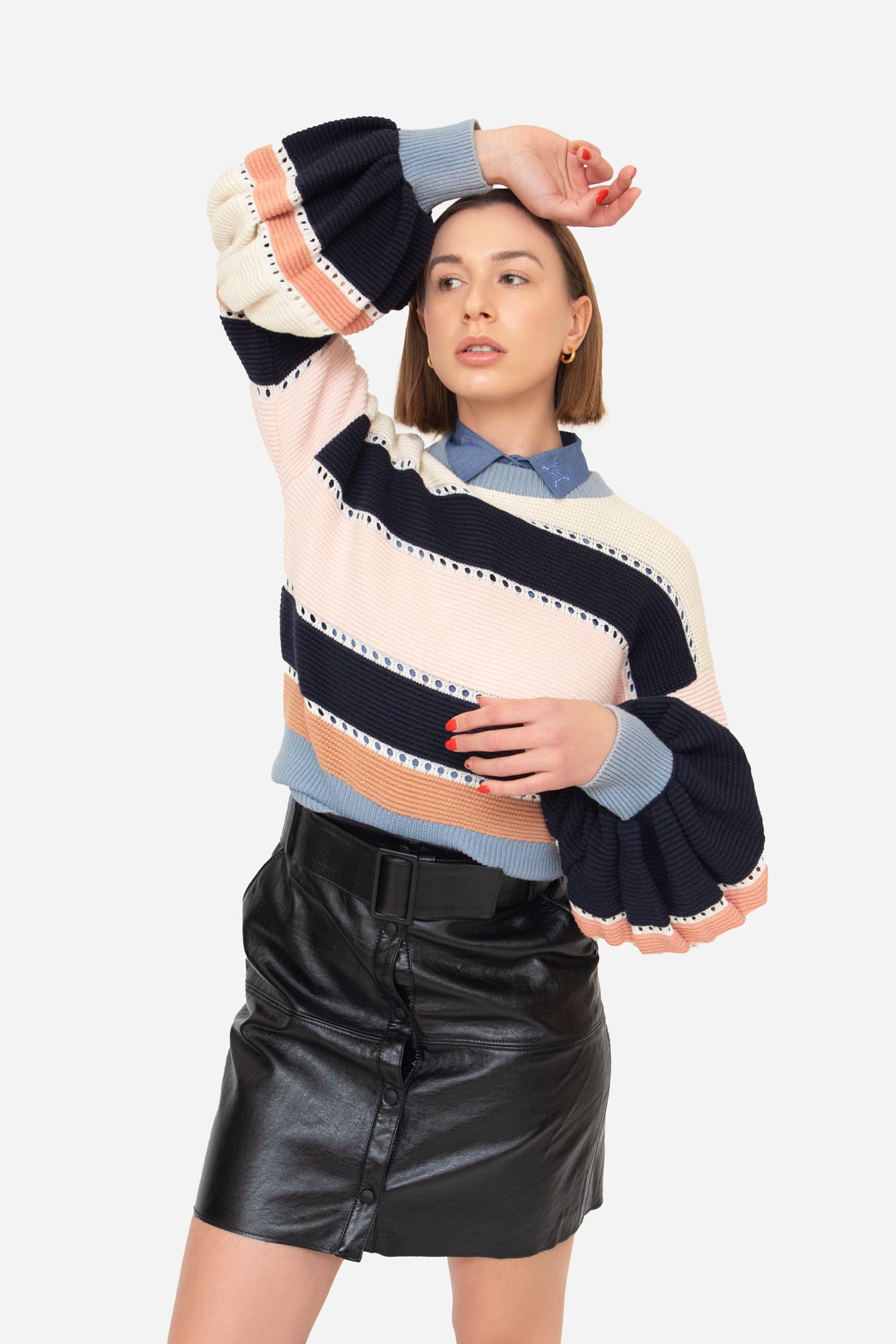 Striped Knit Sweater with Balloon Sleeve