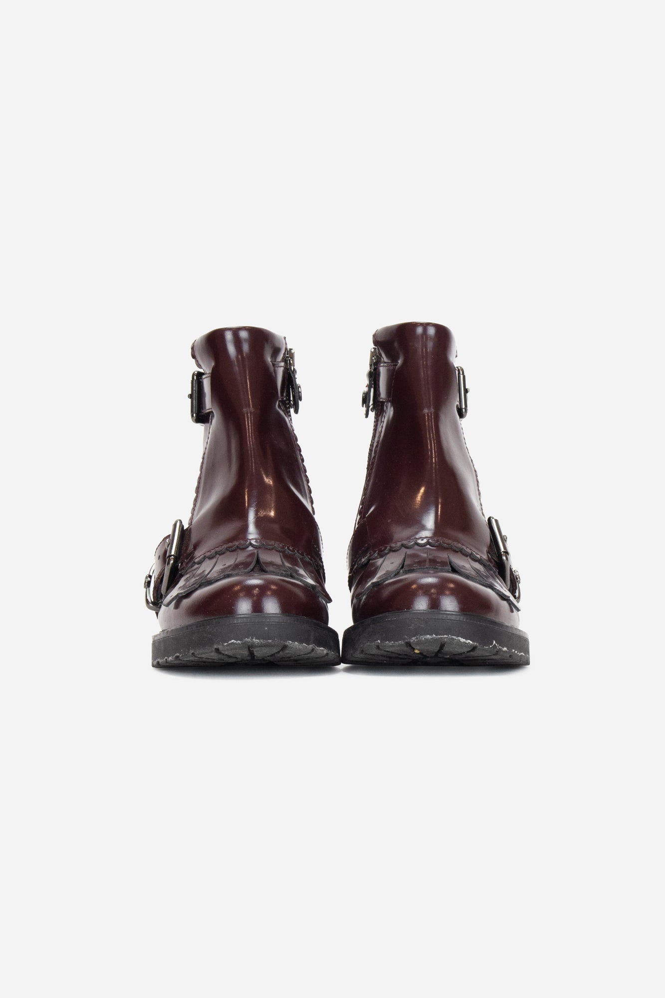 Burgundy Boots with Strap & Scalloped Trim