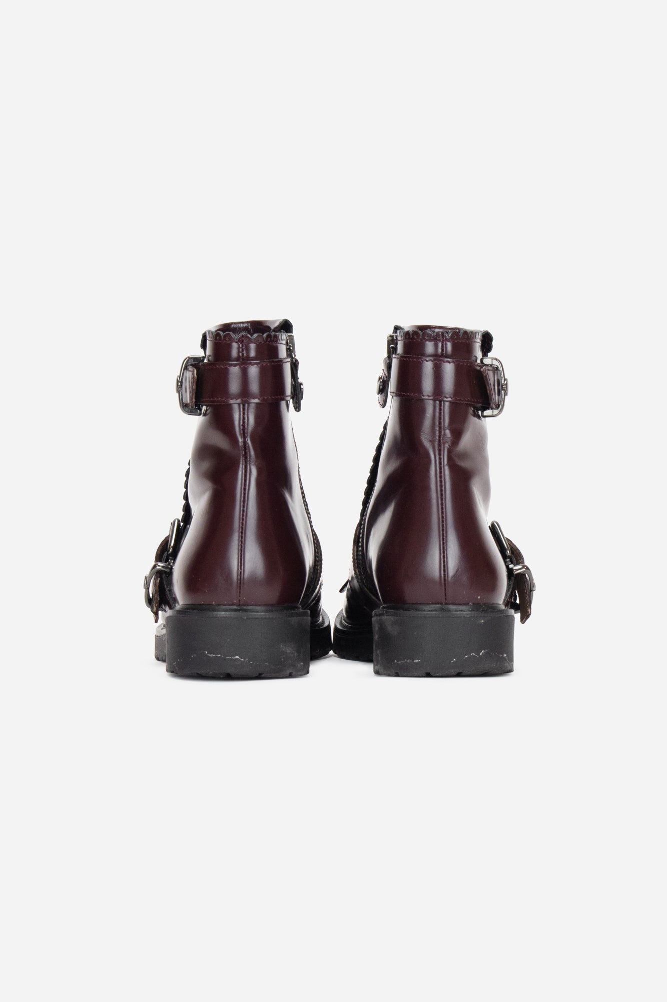 Burgundy Boots with Strap & Scalloped Trim