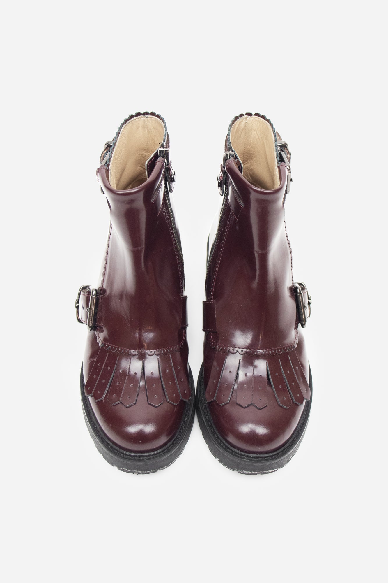 Burgundy Boots with Strap & Scalloped Trim