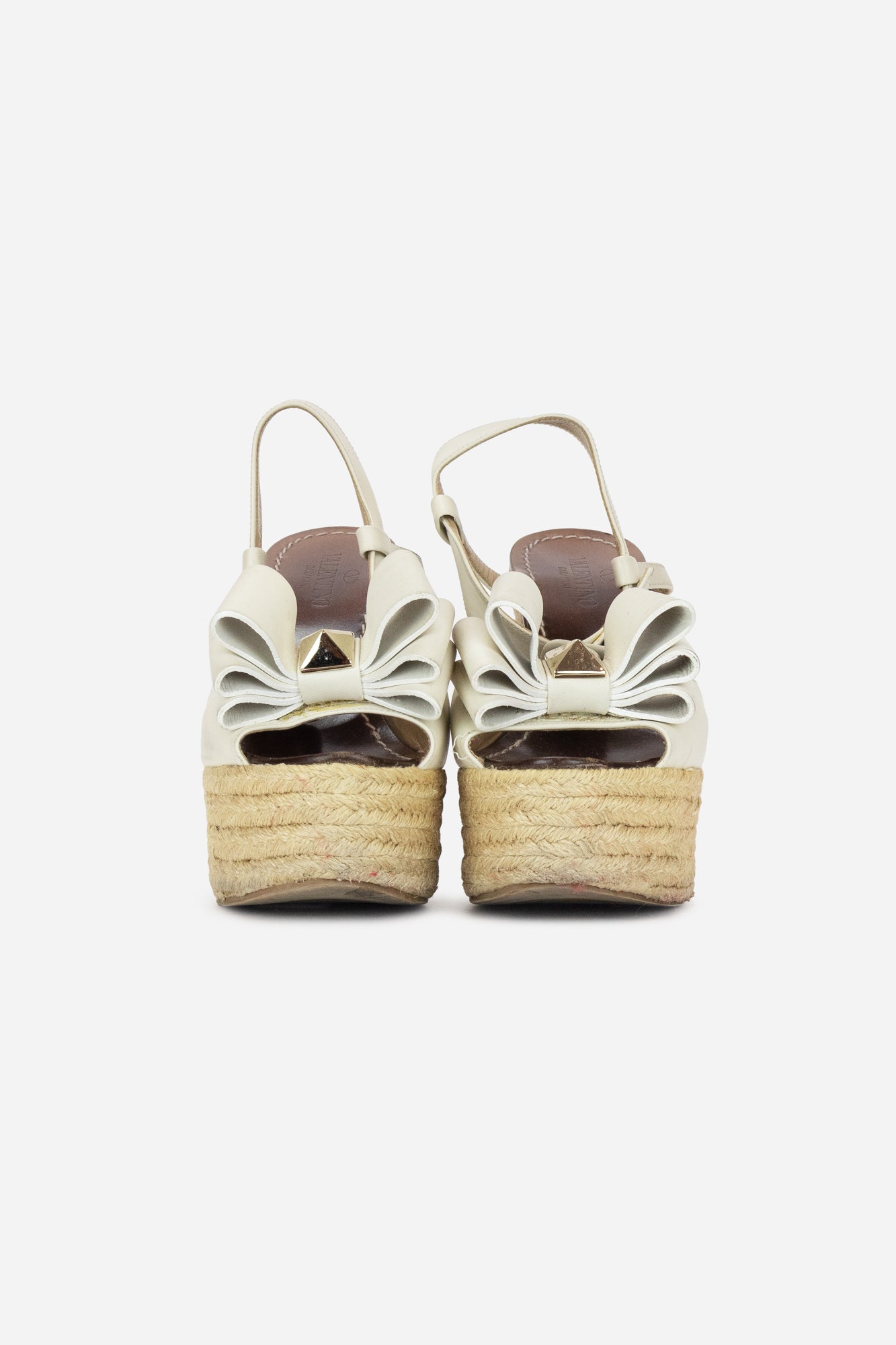 Beige Leather Bow Rockstud Raffia Wedge Sandals