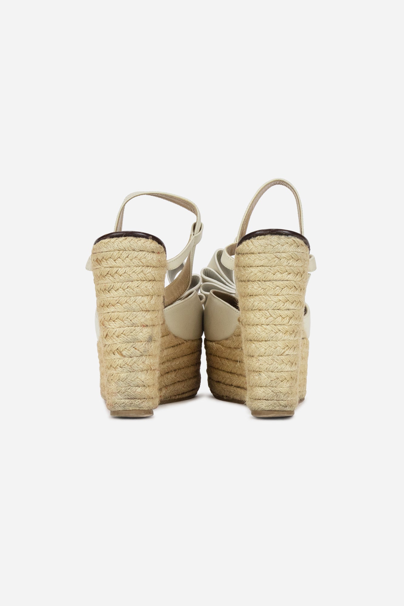 Beige Leather Bow Rocstud Raffia Wedge Sandals