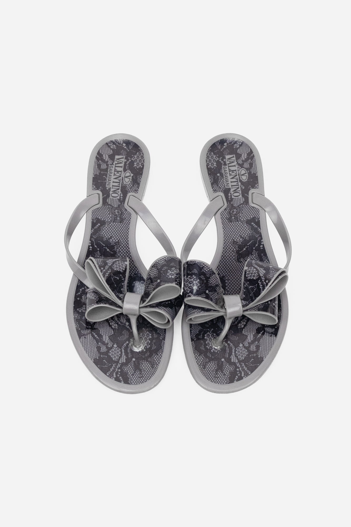Beige and Black PVC Lace Print Bow Flip Flops