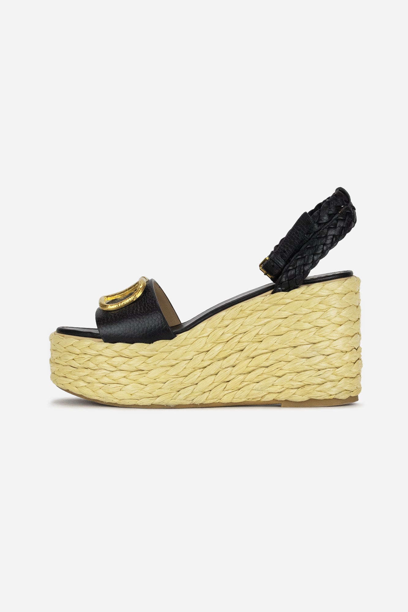 Black Leather V Logo Raffia Wedge Sandals with Braided Ankle Strap