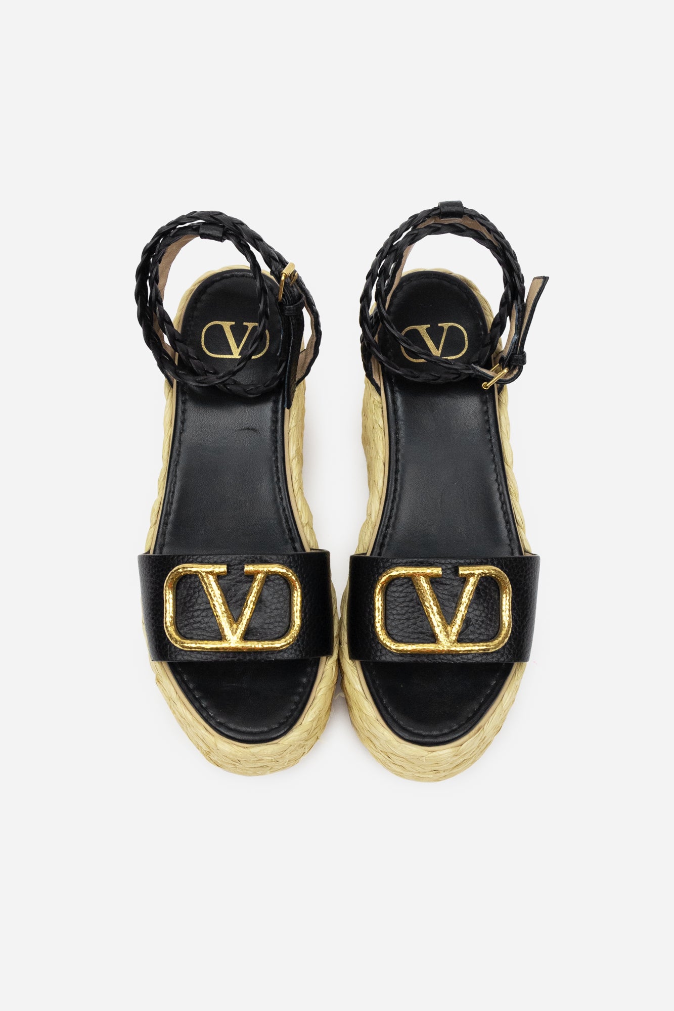 Black Leather V Logo Raffia Wedge Sandals with Braided Ankle Strap