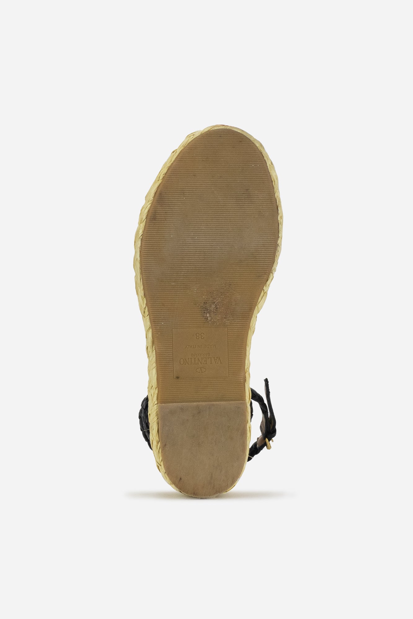 Black Leather V Logo Raffia Wedge Sandals with Braided Ankle Strap