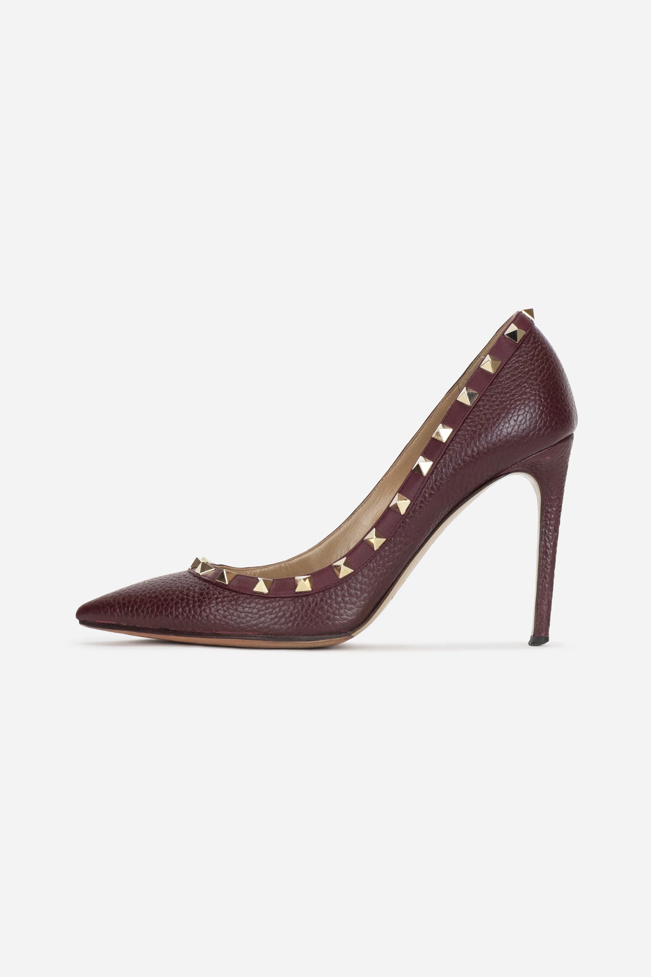 Burgundy Leather Rockstud Pointed-Toe Pumps