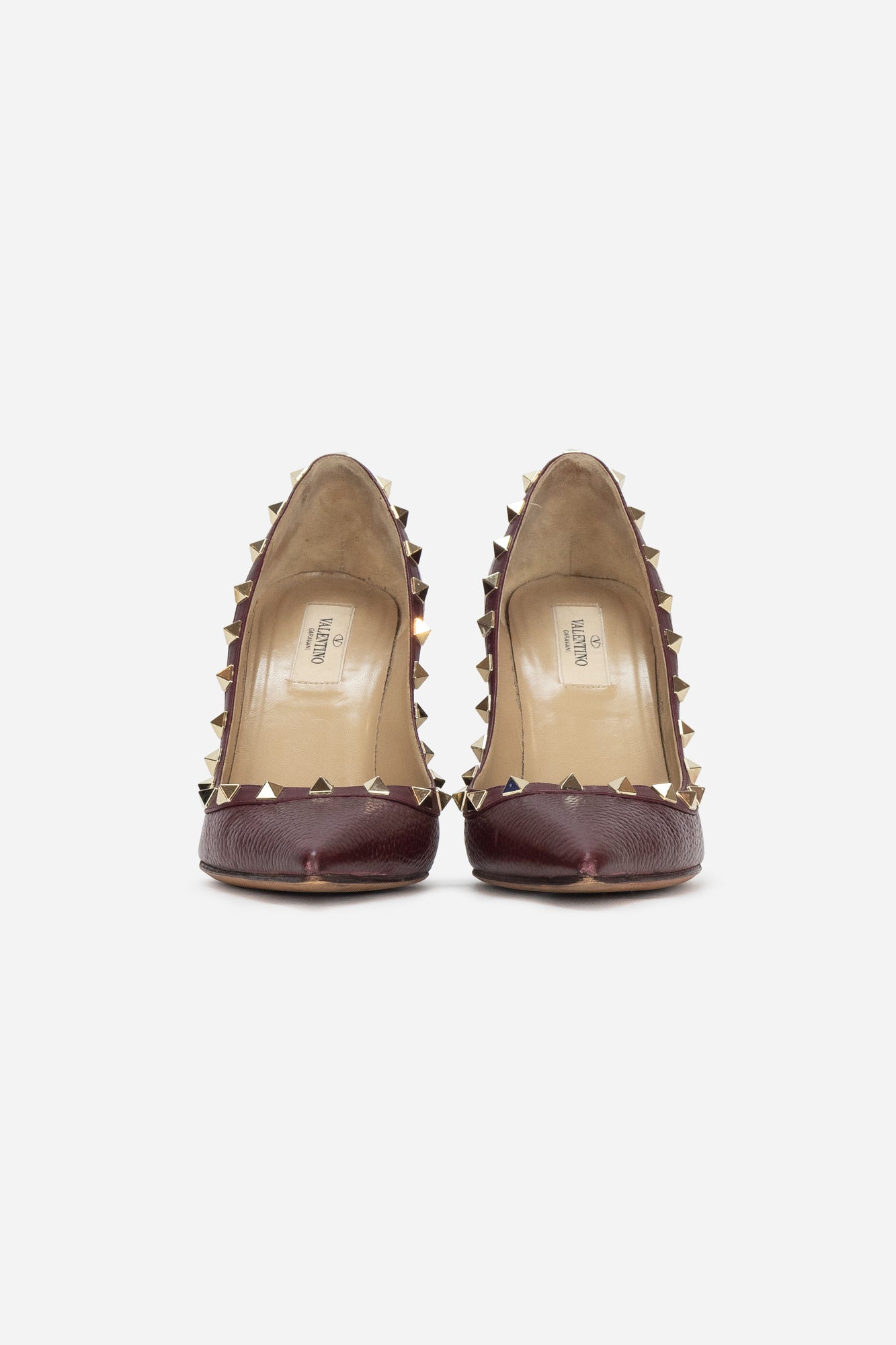 Burgundy Leather Rockstud Pointed-Toe Pumps