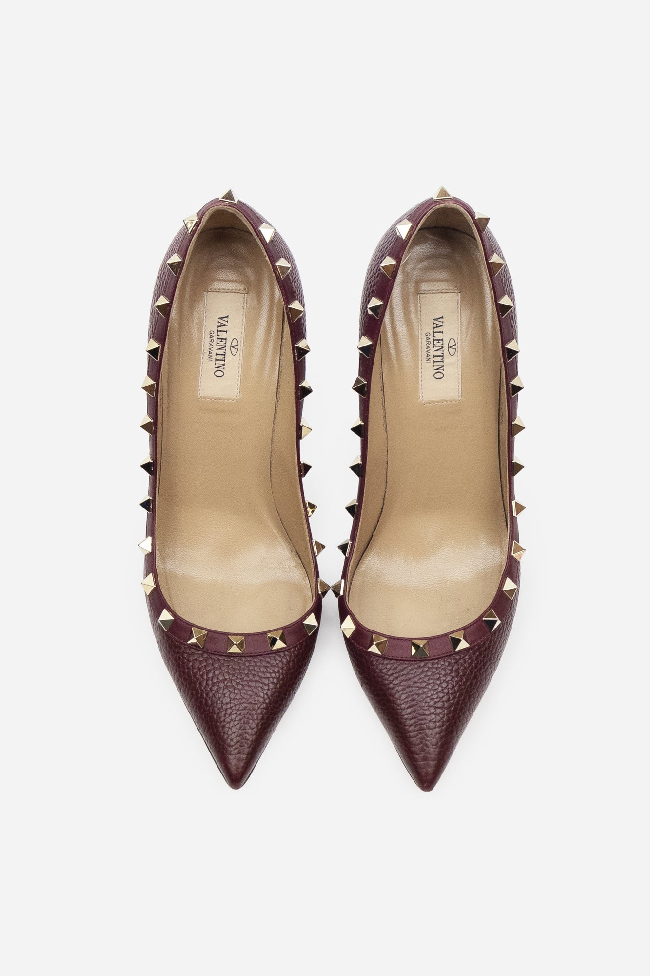 Burgundy Leather Rockstud Pointed-Toe Pumps