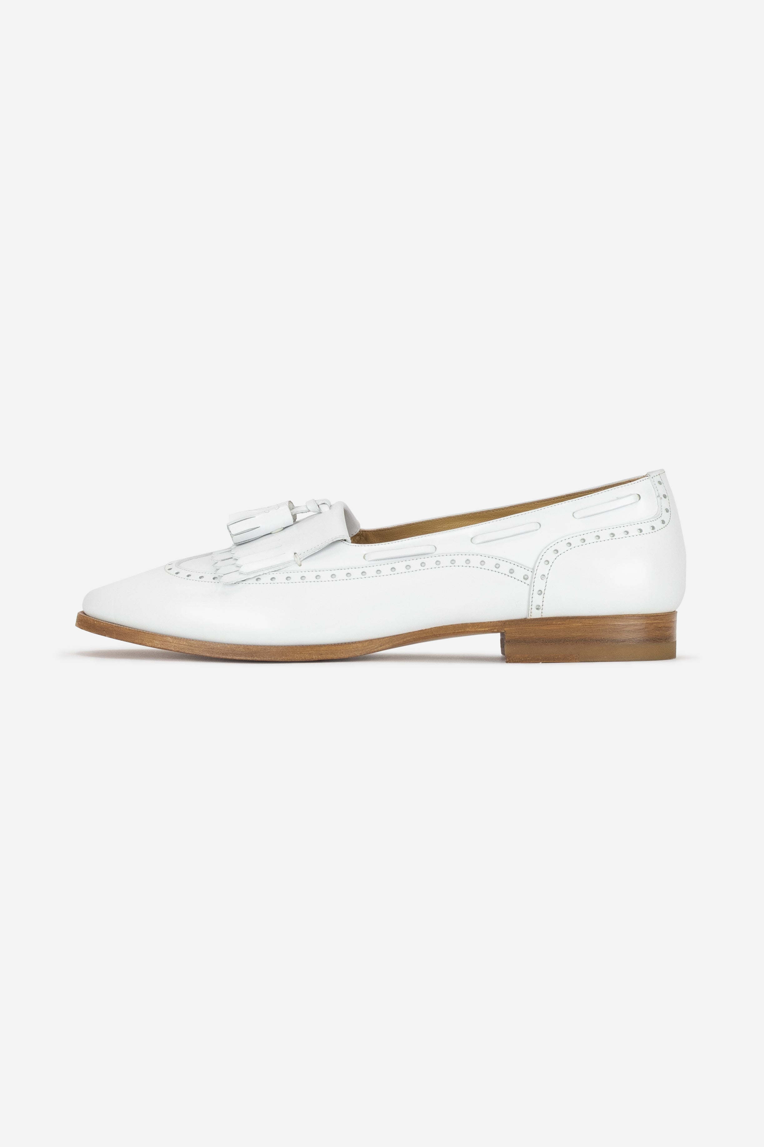 White Leather Tassel Detail Slip On Loafers
