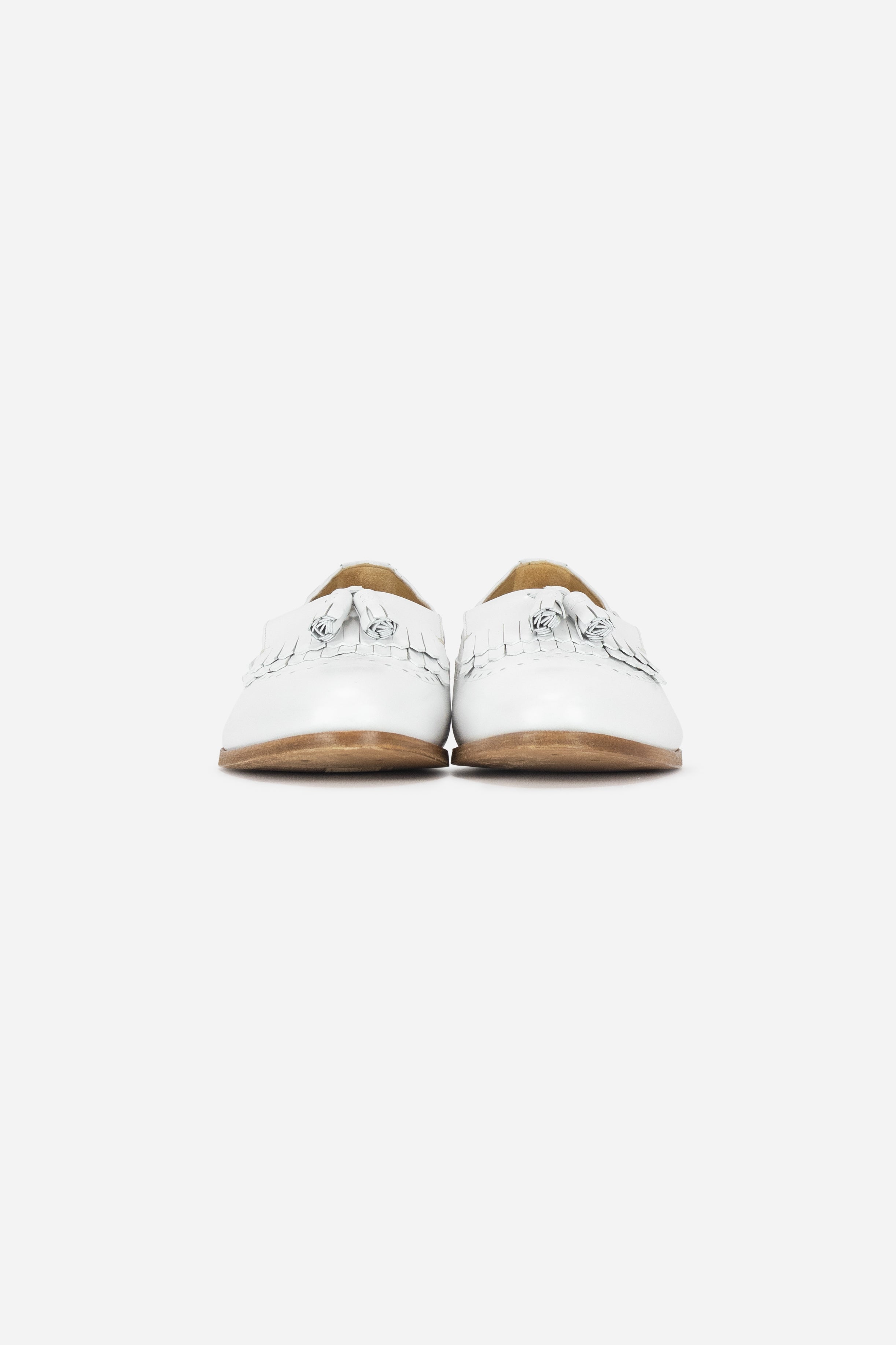 White Leather Tassel Detail Slip On Loafers
