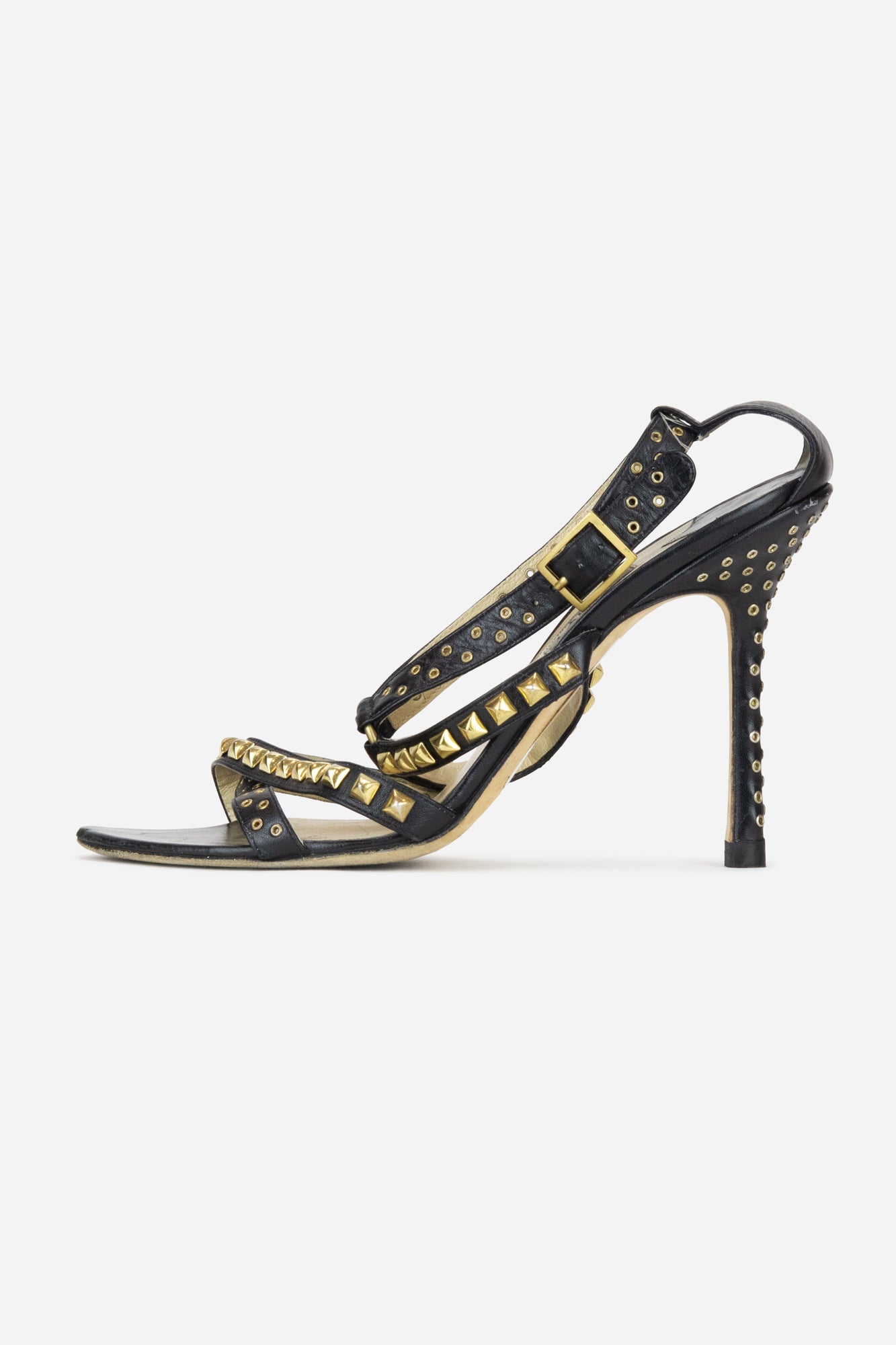 Black Leather Strappy Sandals with Gold Studded Details - So Over It Luxury Consignment