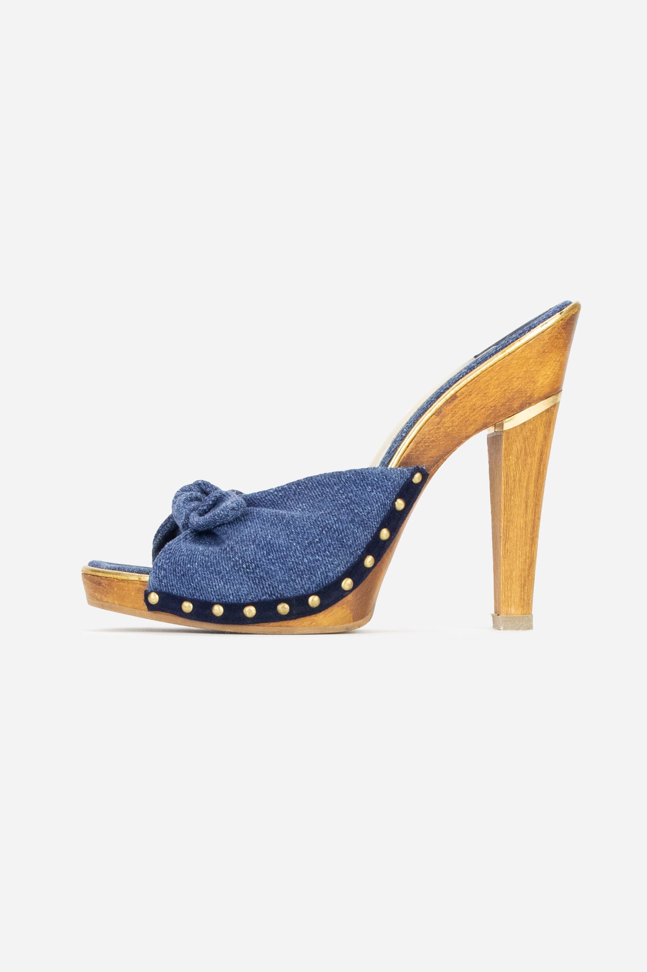 Denim Bow Detailed Heeled Mule Sandals - So Over It Luxury Consignment