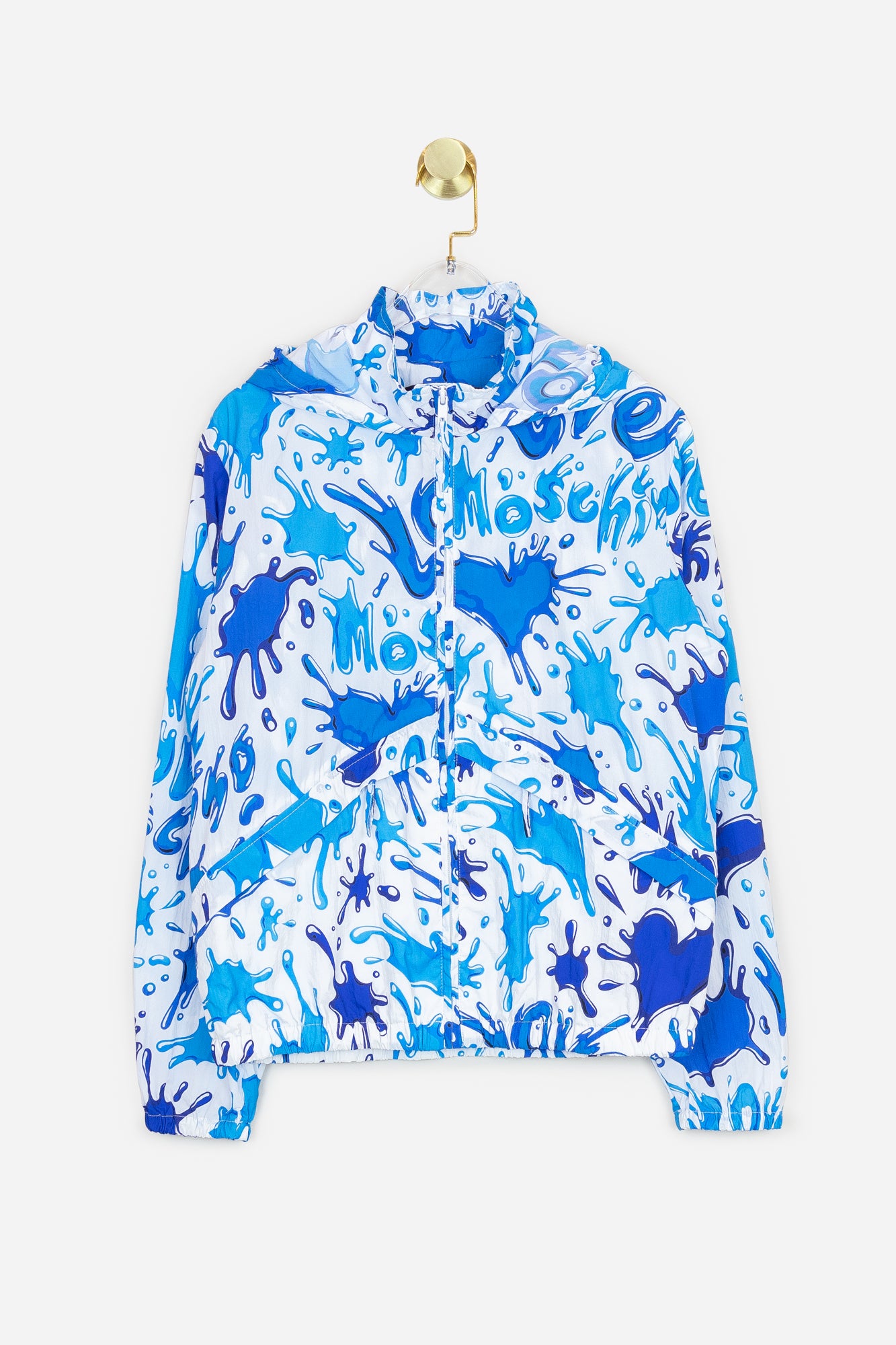 Blue and White Allover Splash Print Hooded Jacket