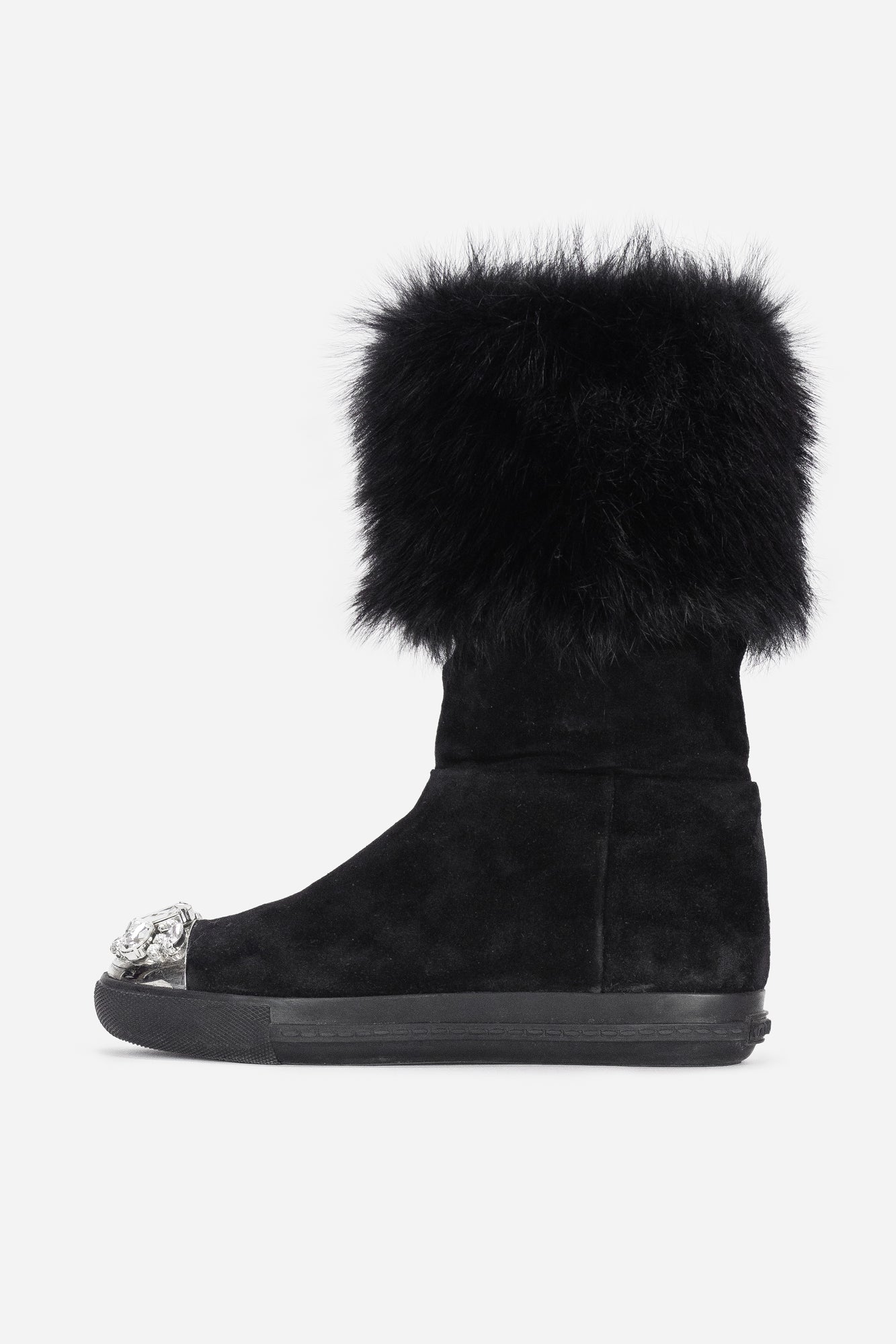 Black Suede and Shearling Crystal Embellished Boots