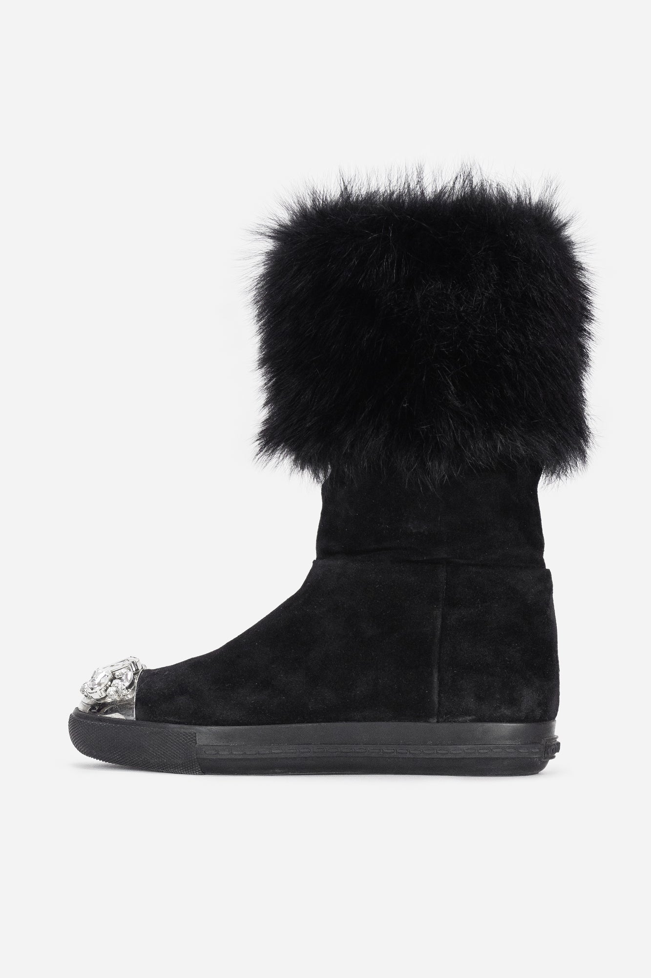 Black Suede and Shearling Crystal Embellished Boots - So Over It Luxury Consignment