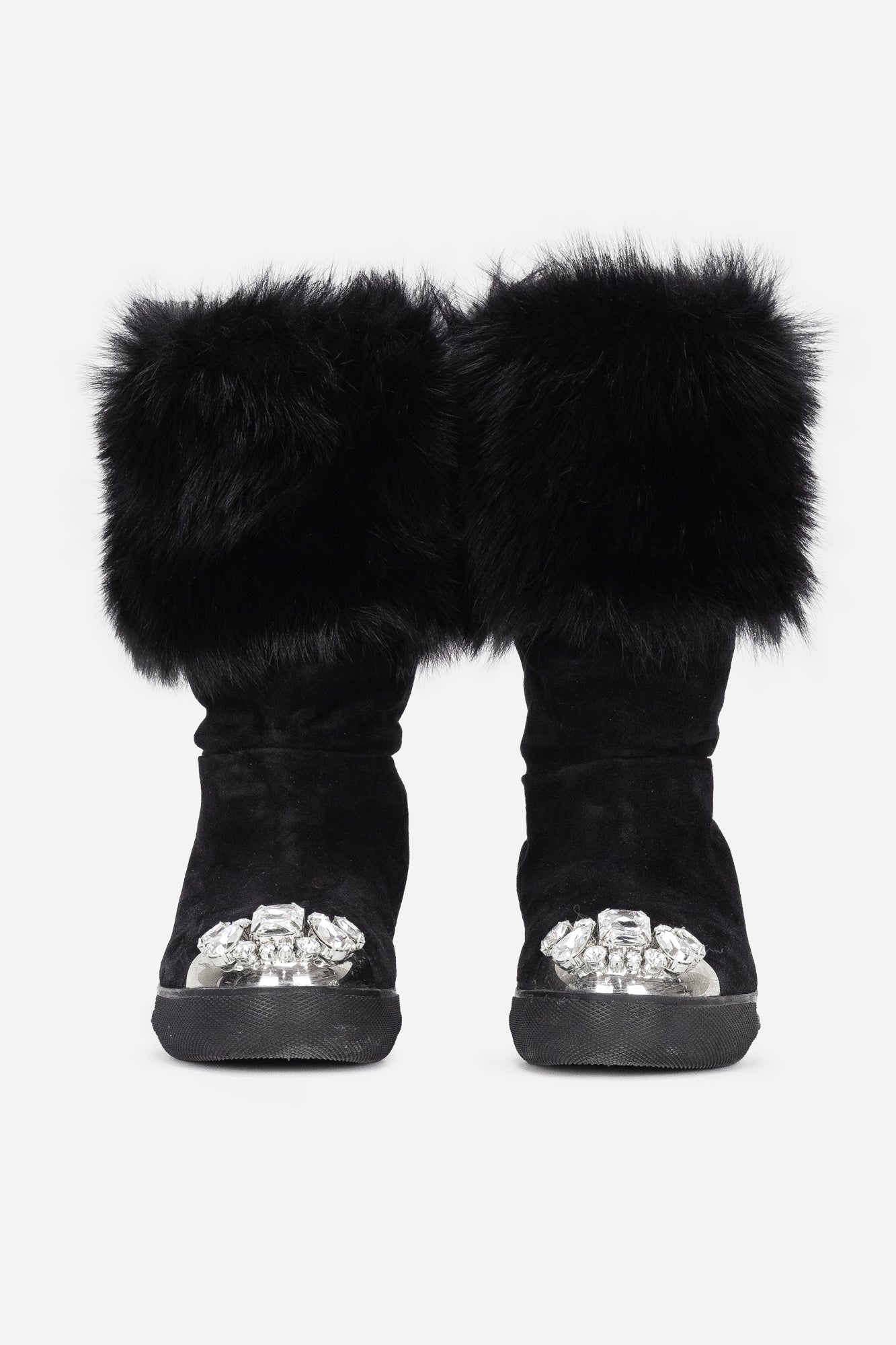 Black Suede and Shearling Crystal Embellished Boots