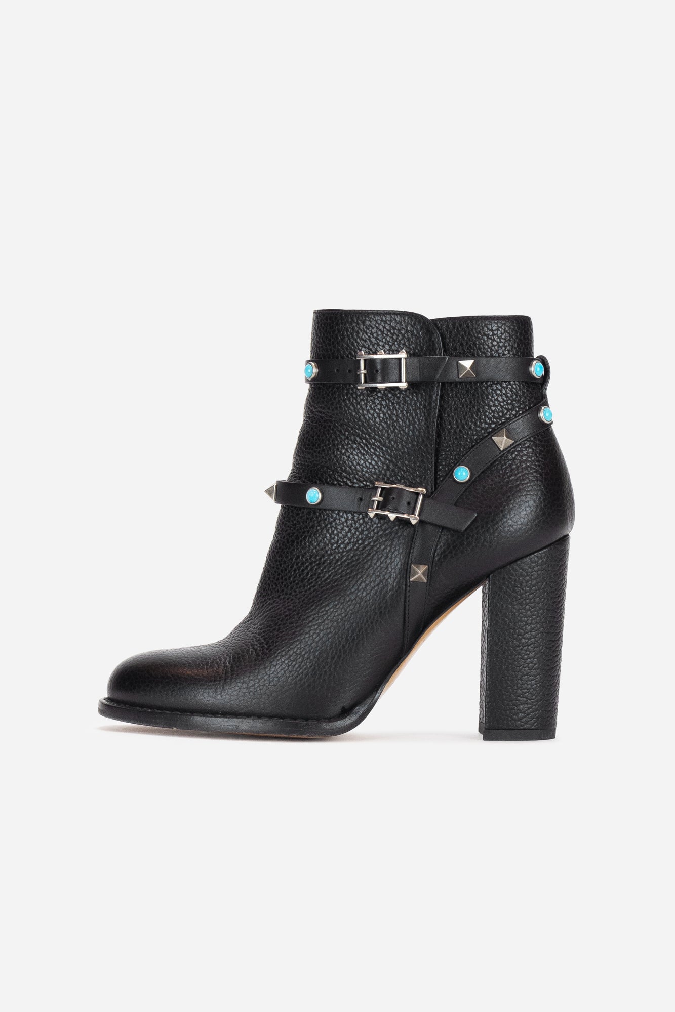 Black Leather Rockstud Booties with Turquoise Details