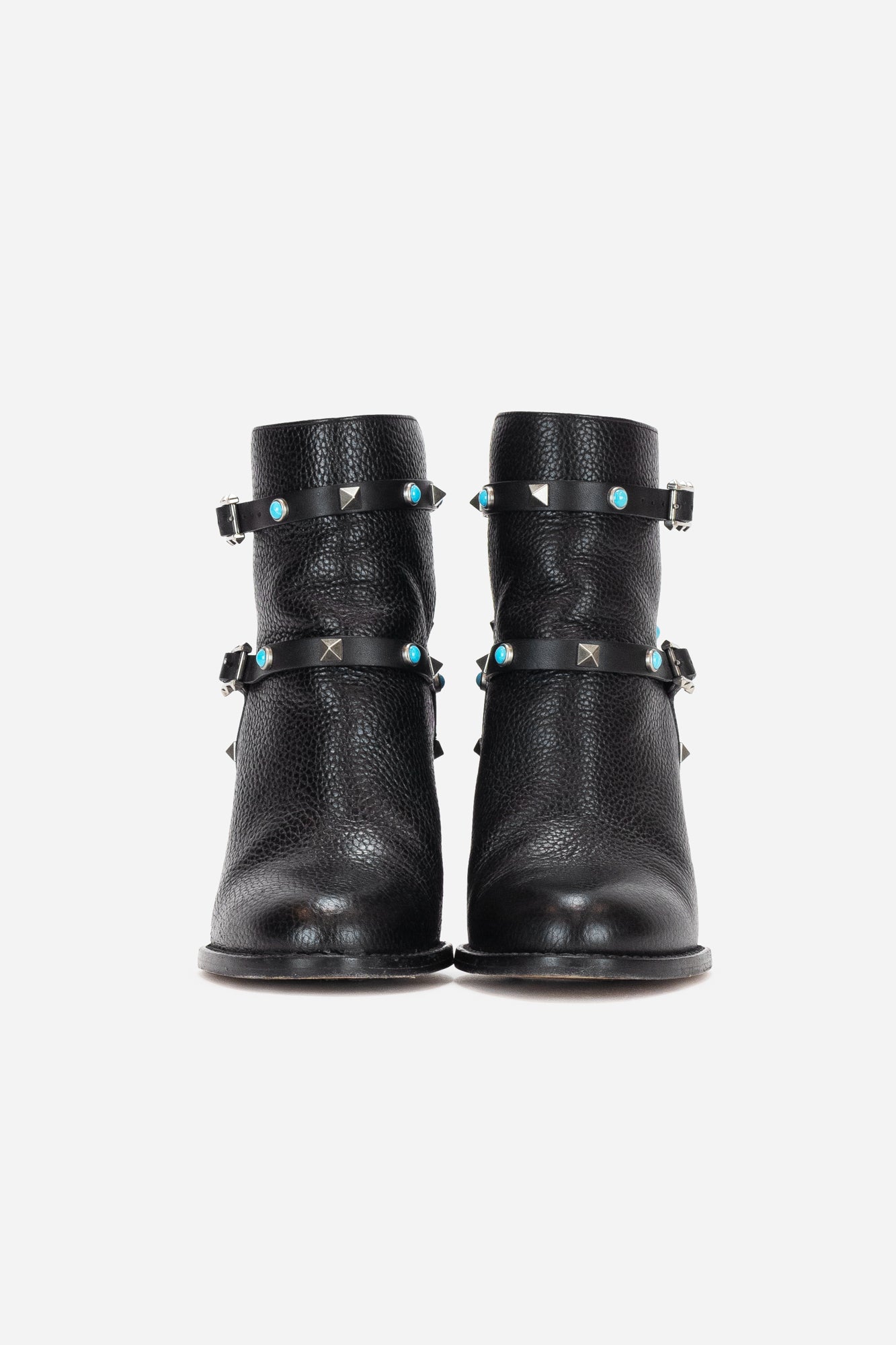 Black Leather Rockstud Booties with Turquoise Details