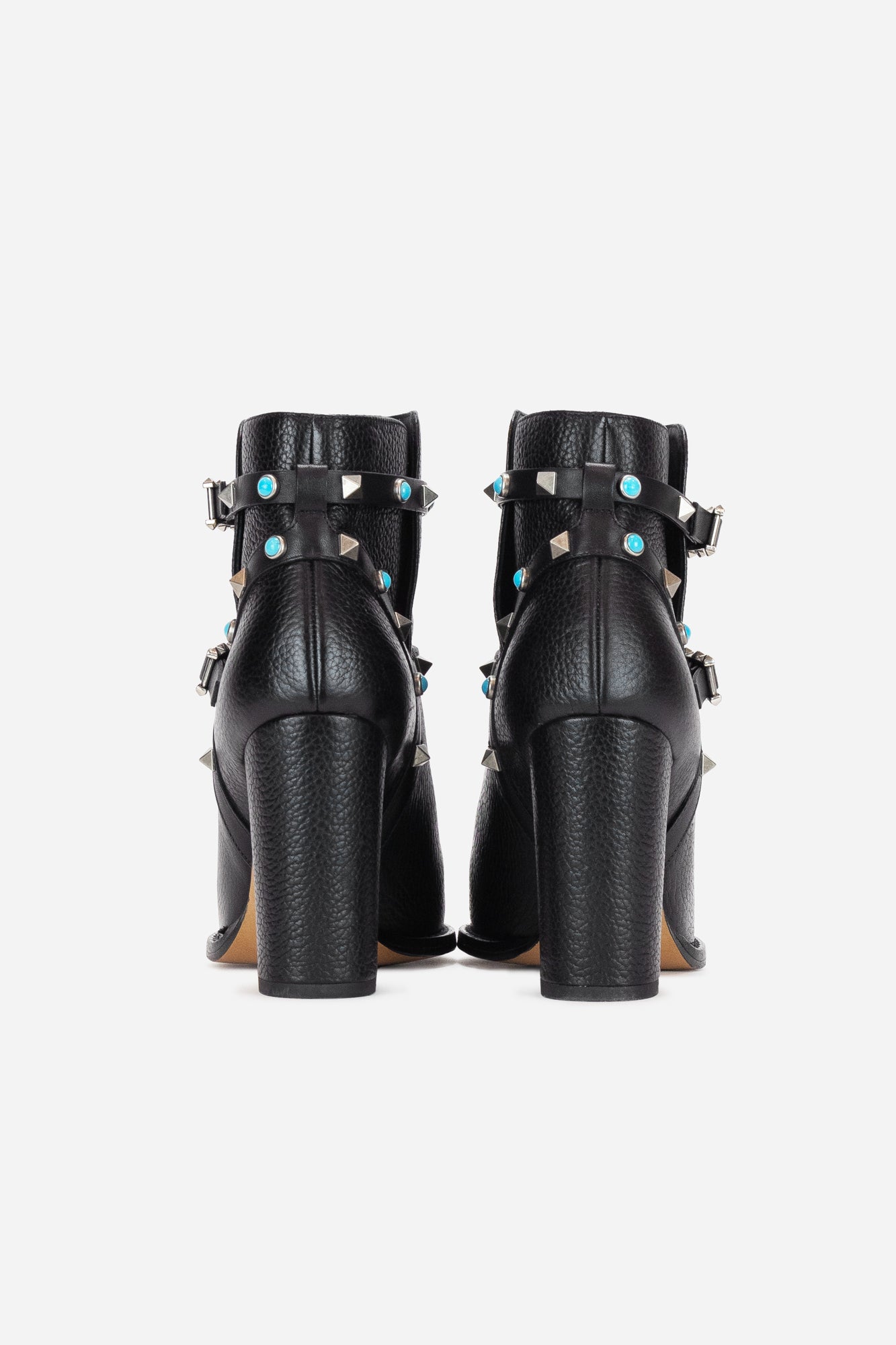 Black Leather Rockstud Booties with Turquoise Details