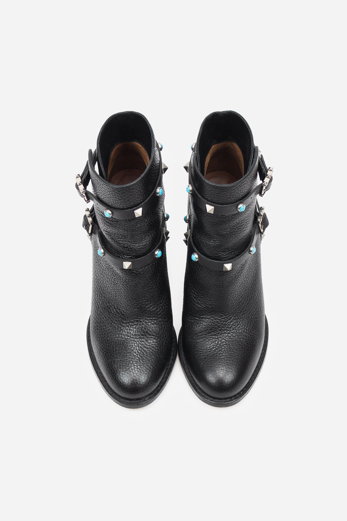 Black Leather Rockstud Booties with Turquoise Details