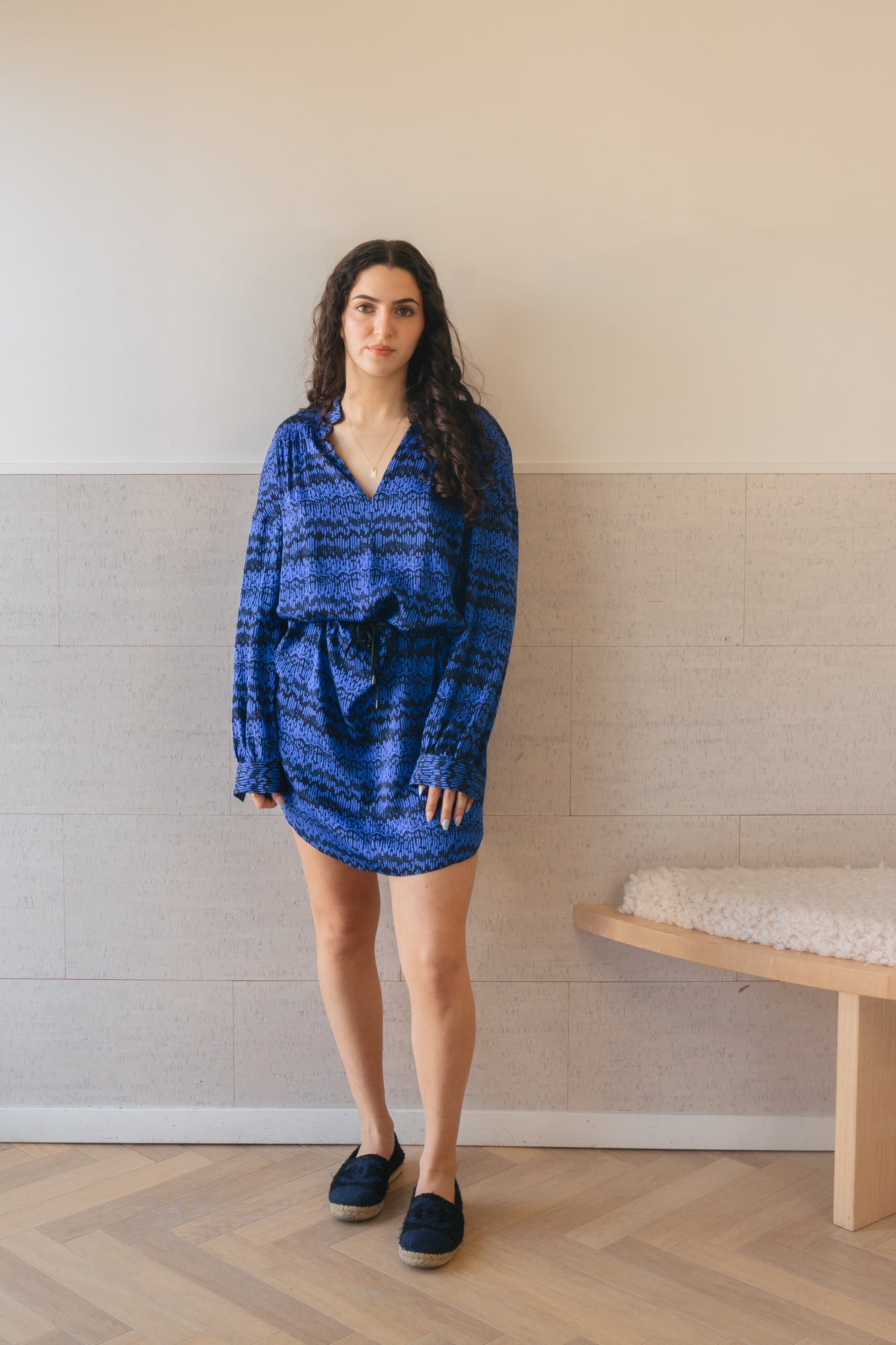 Blue and Black Print Belted Dress