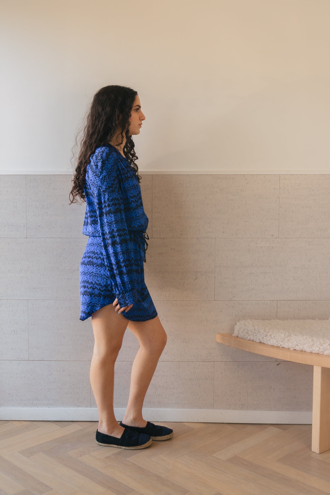 Blue and Black Print Belted Dress
