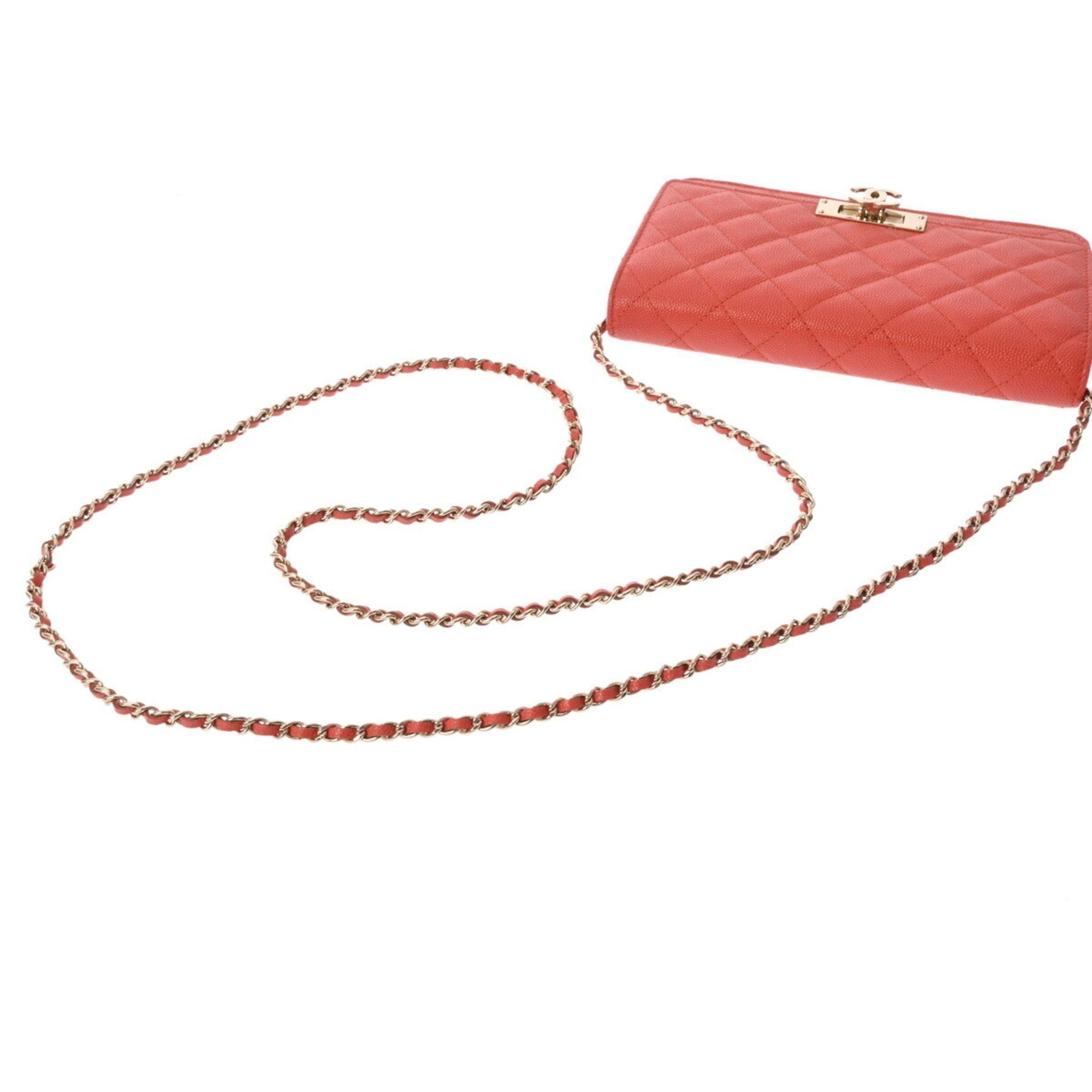 Orange Caviar Leather Wallet On Chain