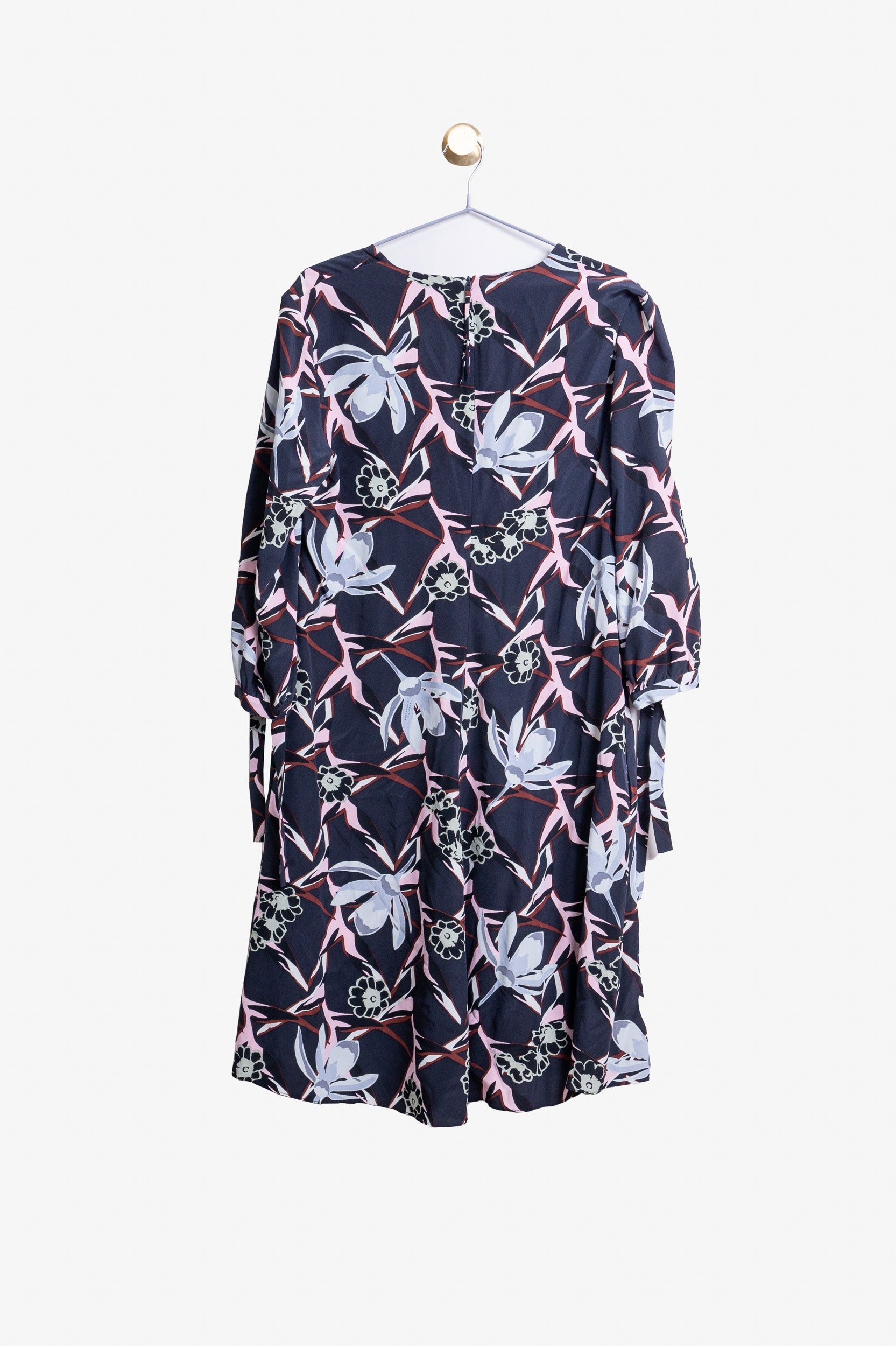 Navy Floral V-Neck Pull Sleeve Midi Dress Silk