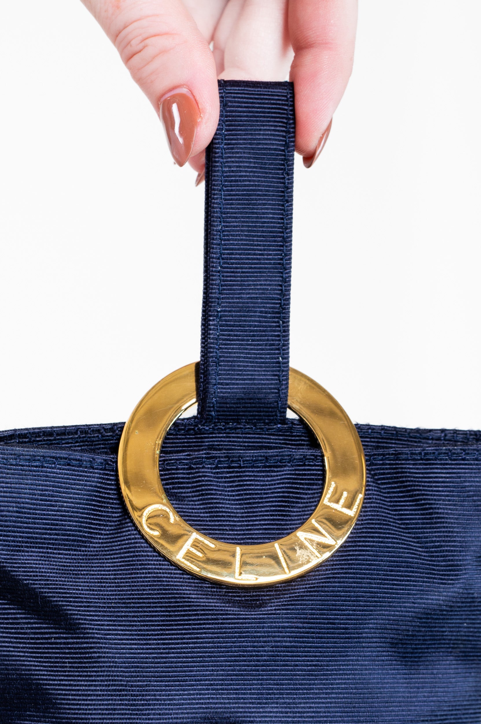 Circle Nylon Pouch Navy Gold Hardware Handbag