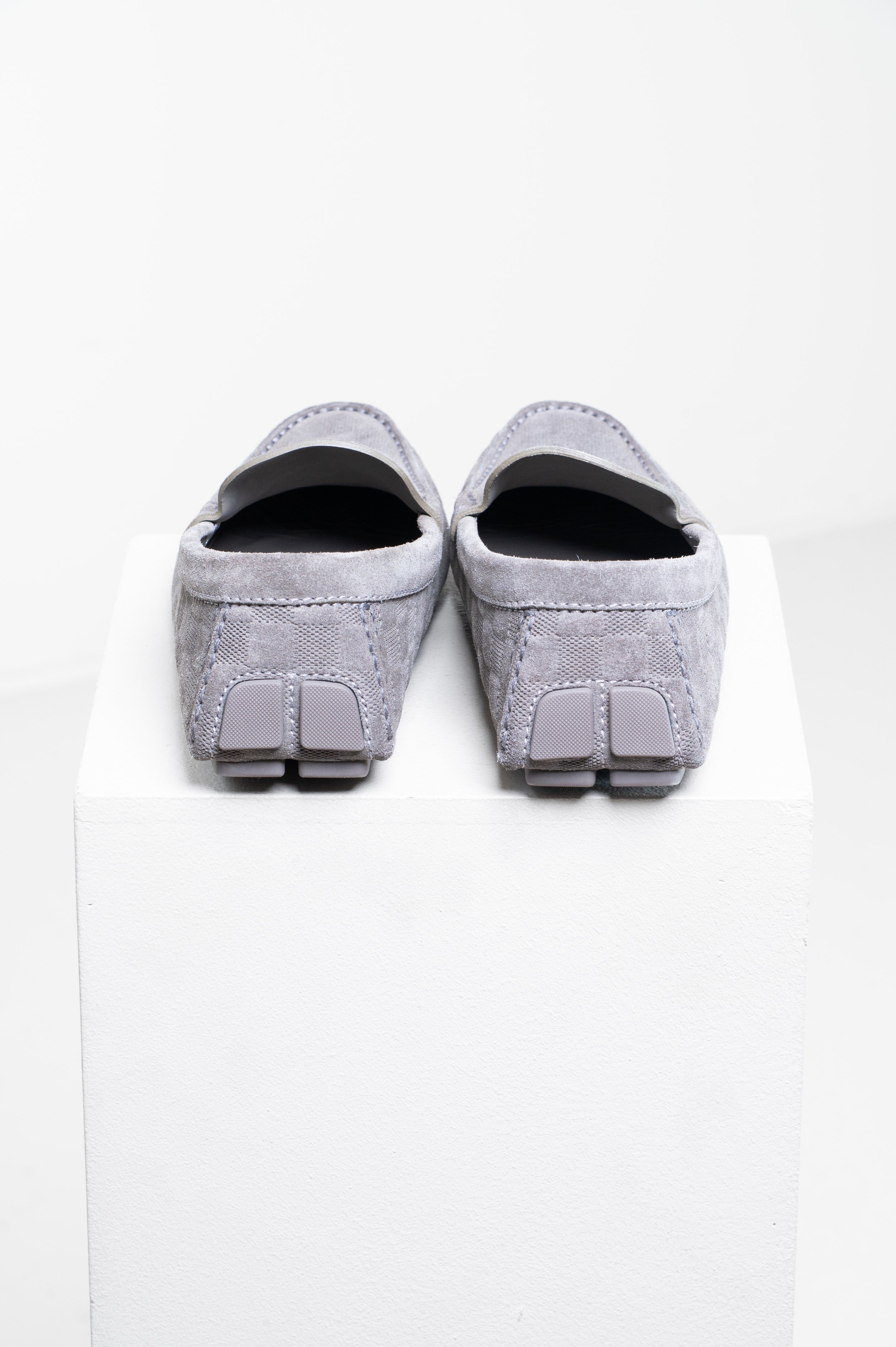 Grey Suede Damier Moccasin Loafers