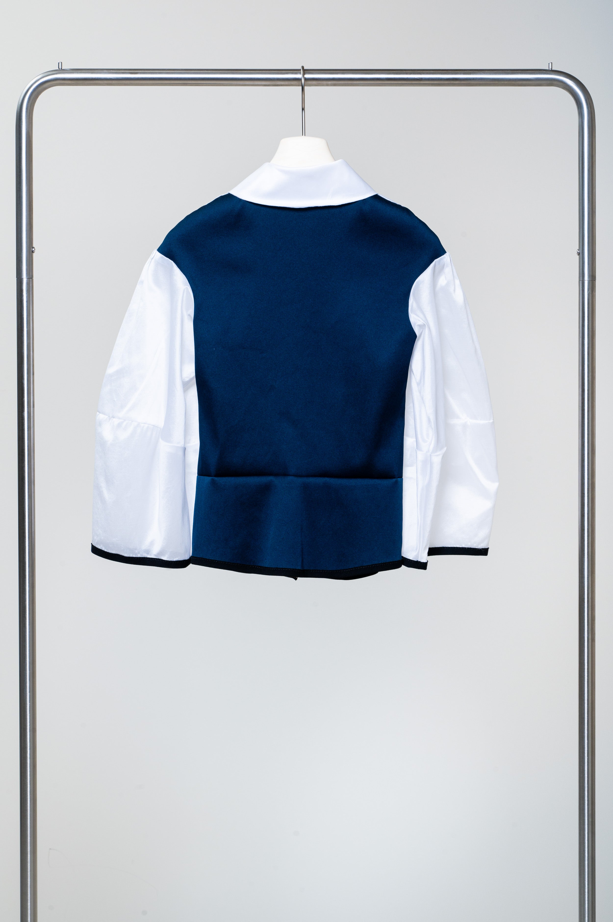 White Puff Sleeve Two Tone Zip Up Blouse