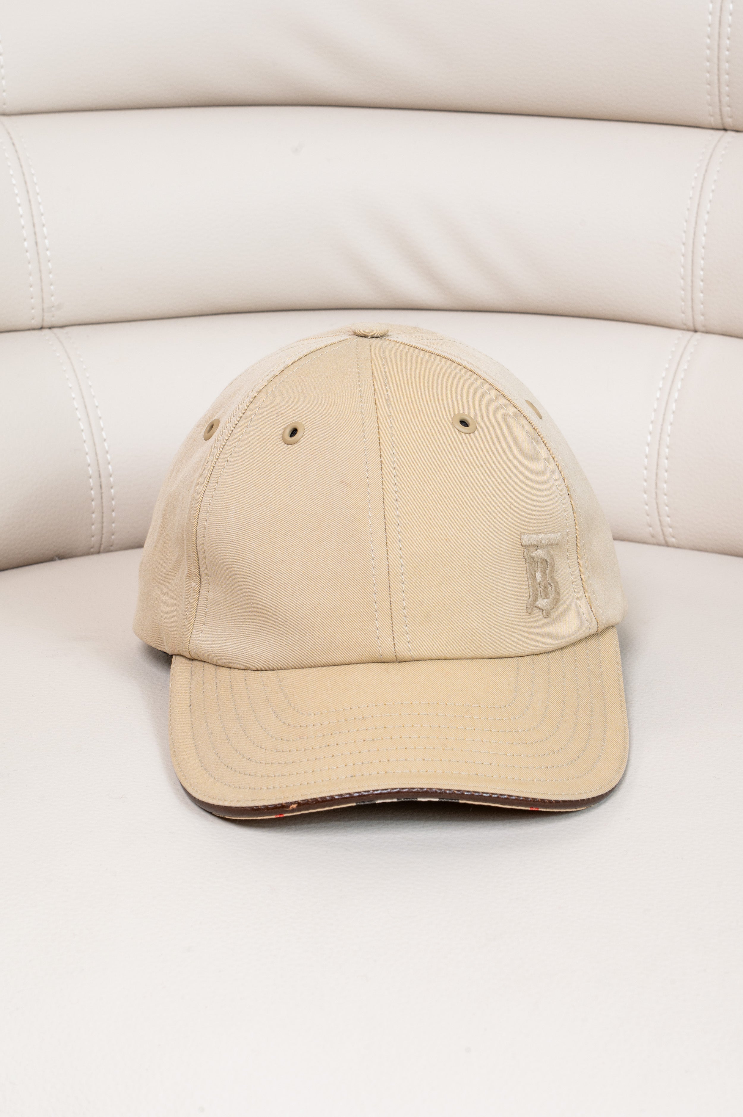 Beige Leather Trim Baseball Hat