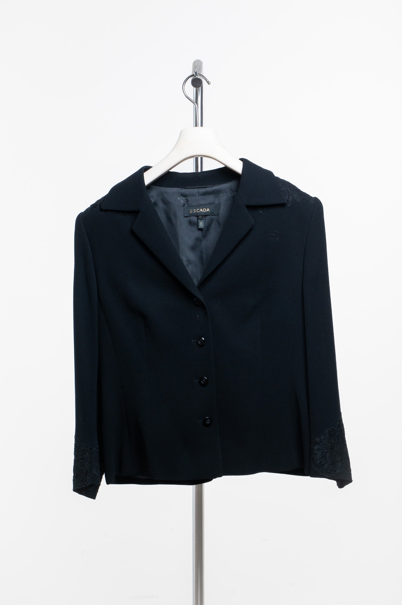 Black Wool Blazer with Lace Detailing
