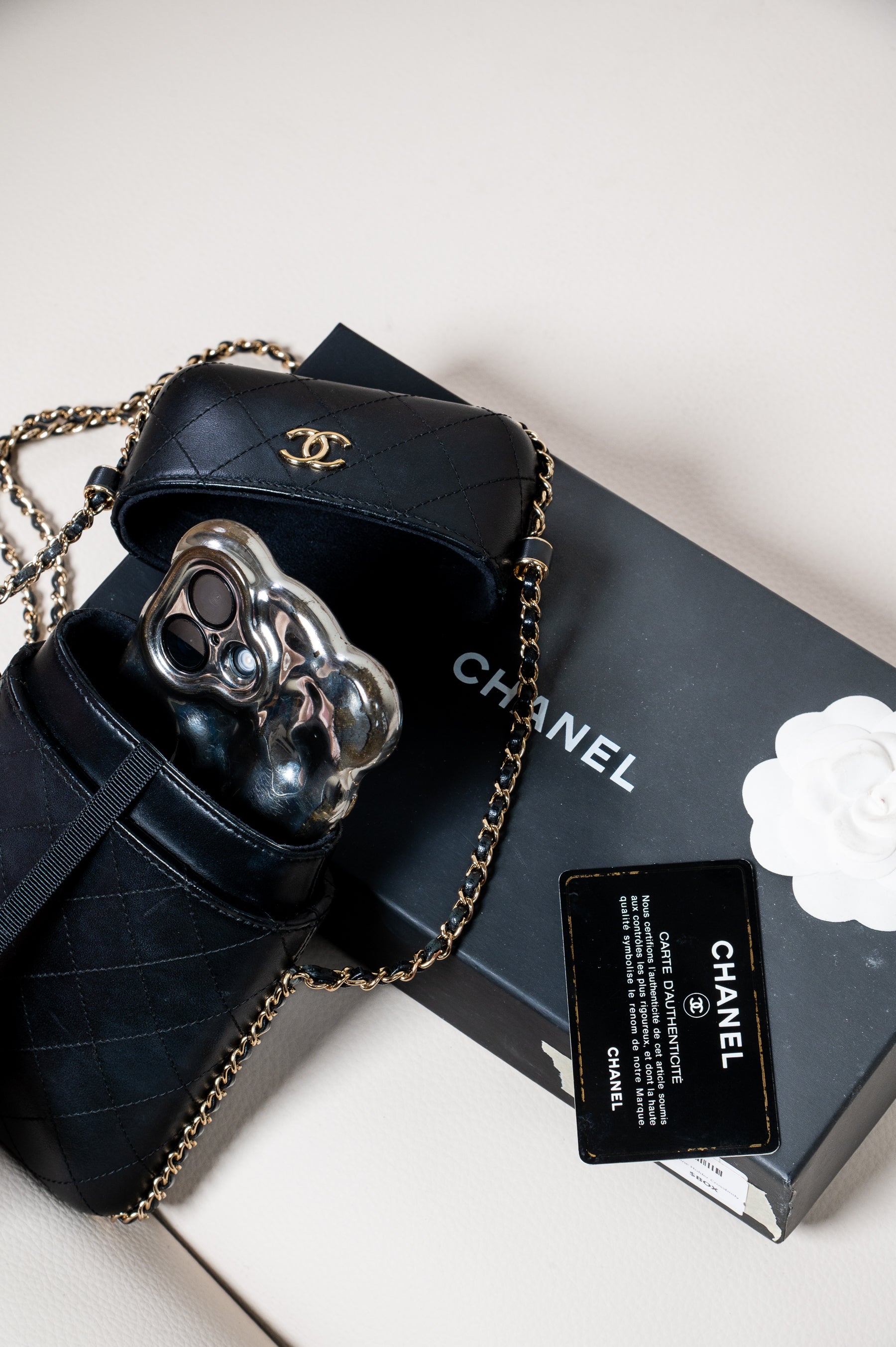 Black Lambskin Chain Around Phone Holder Crossbody