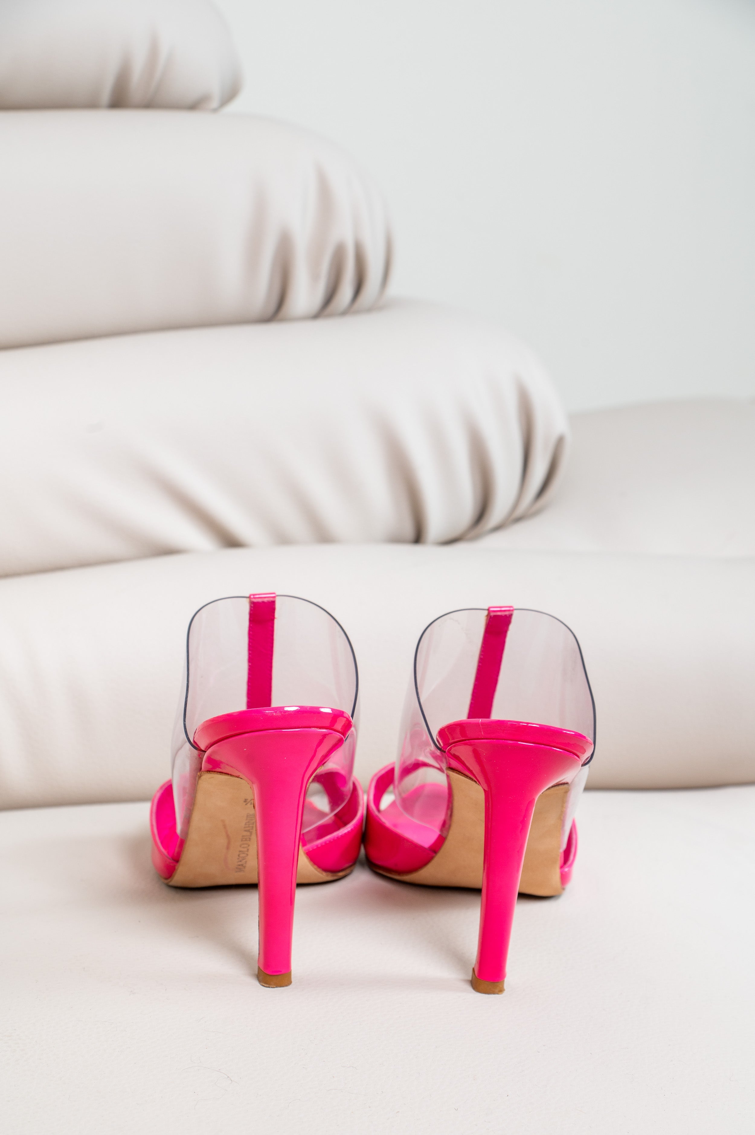 Pink Patent Leather & PVC Mid Heel Sandal